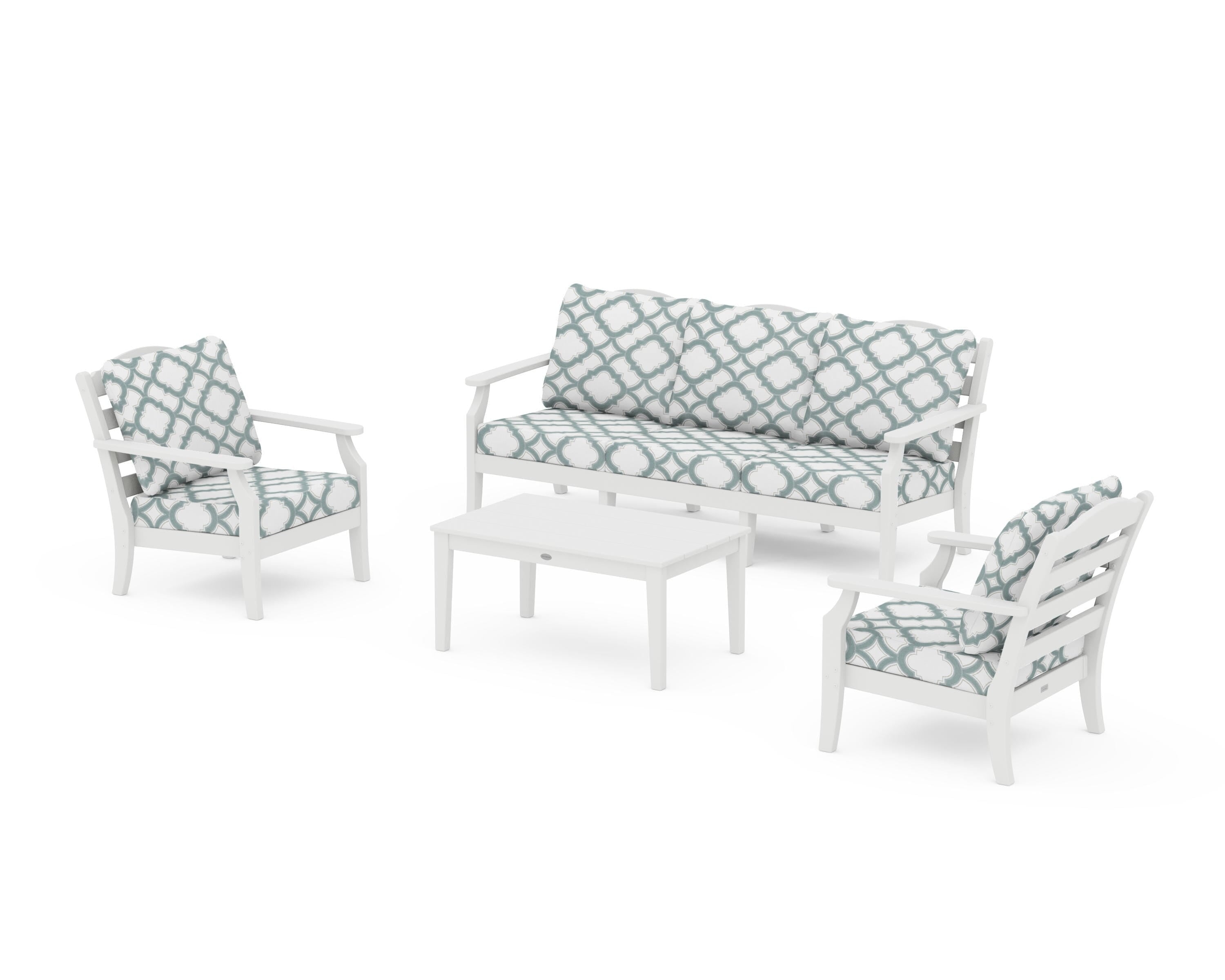 Draper James™ by POLYWOOD® Savannah 4-Piece Deep Seating Set with Sofa in White / Trellis Glacier Spa