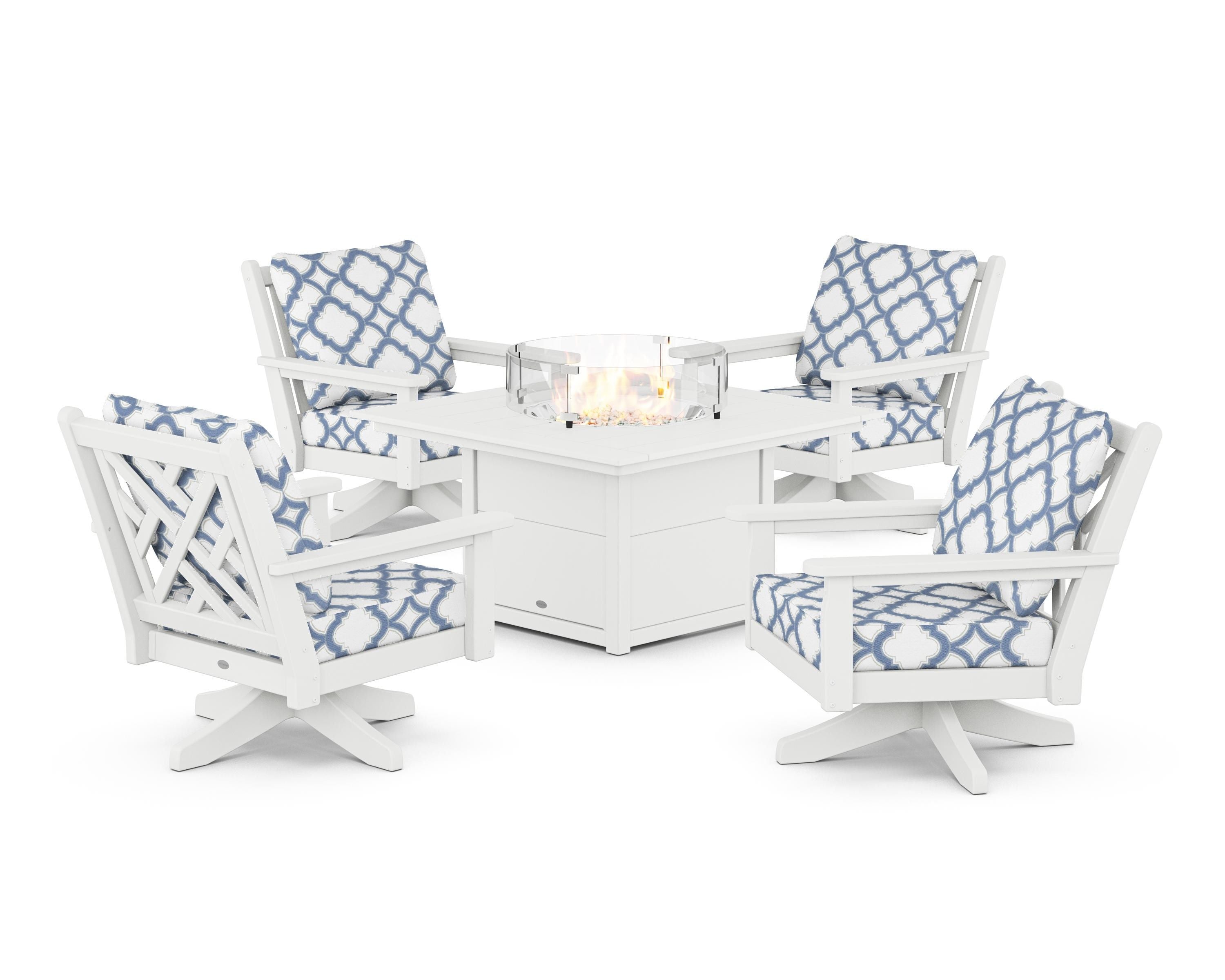 POLYWOOD® Chippendale 5-Piece Deep Seating Swivel Conversation Set with Fire Pit Table in White / Trellis Sky Blue