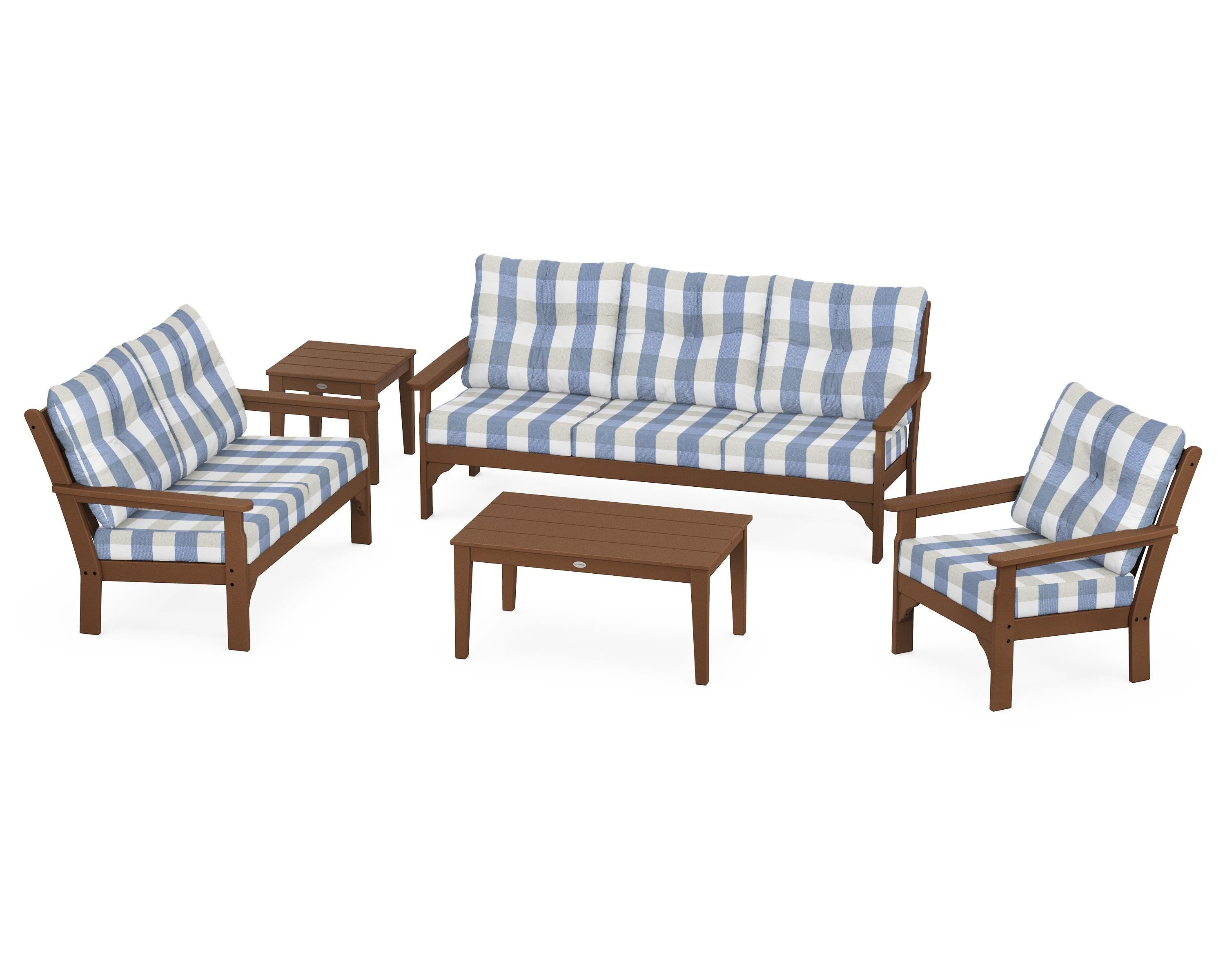 POLYWOOD® Vineyard 5 Piece Deep Seating Set in Teak / Buffalo Plaid Sky Blue