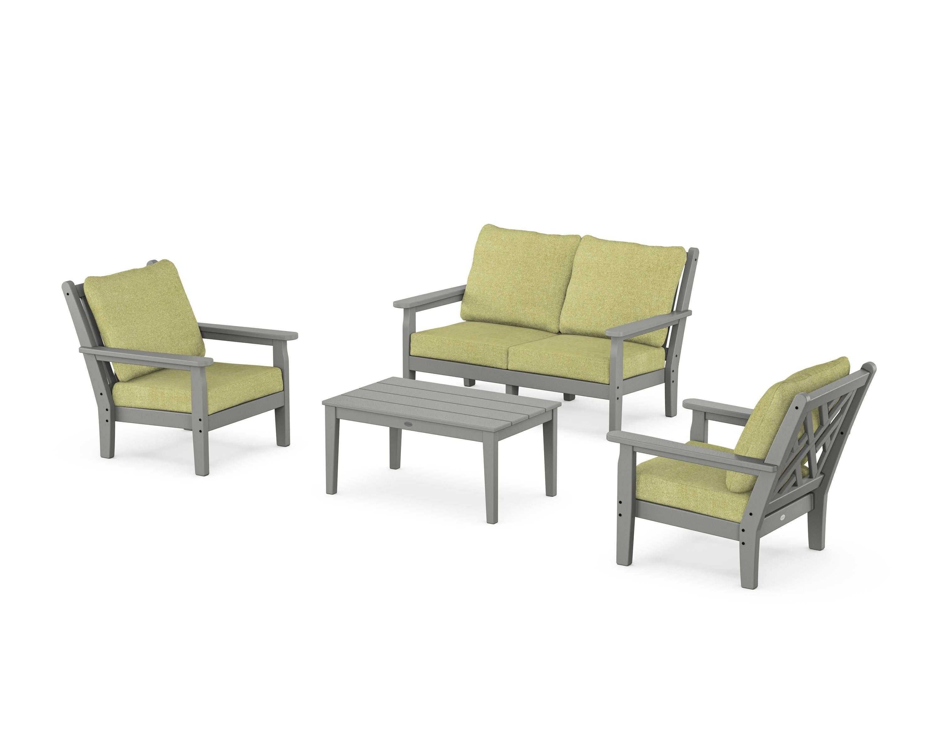 POLYWOOD® Chippendale 4-Piece Deep Seating Set with Loveseat in Slate Grey / Chartreuse Boucle