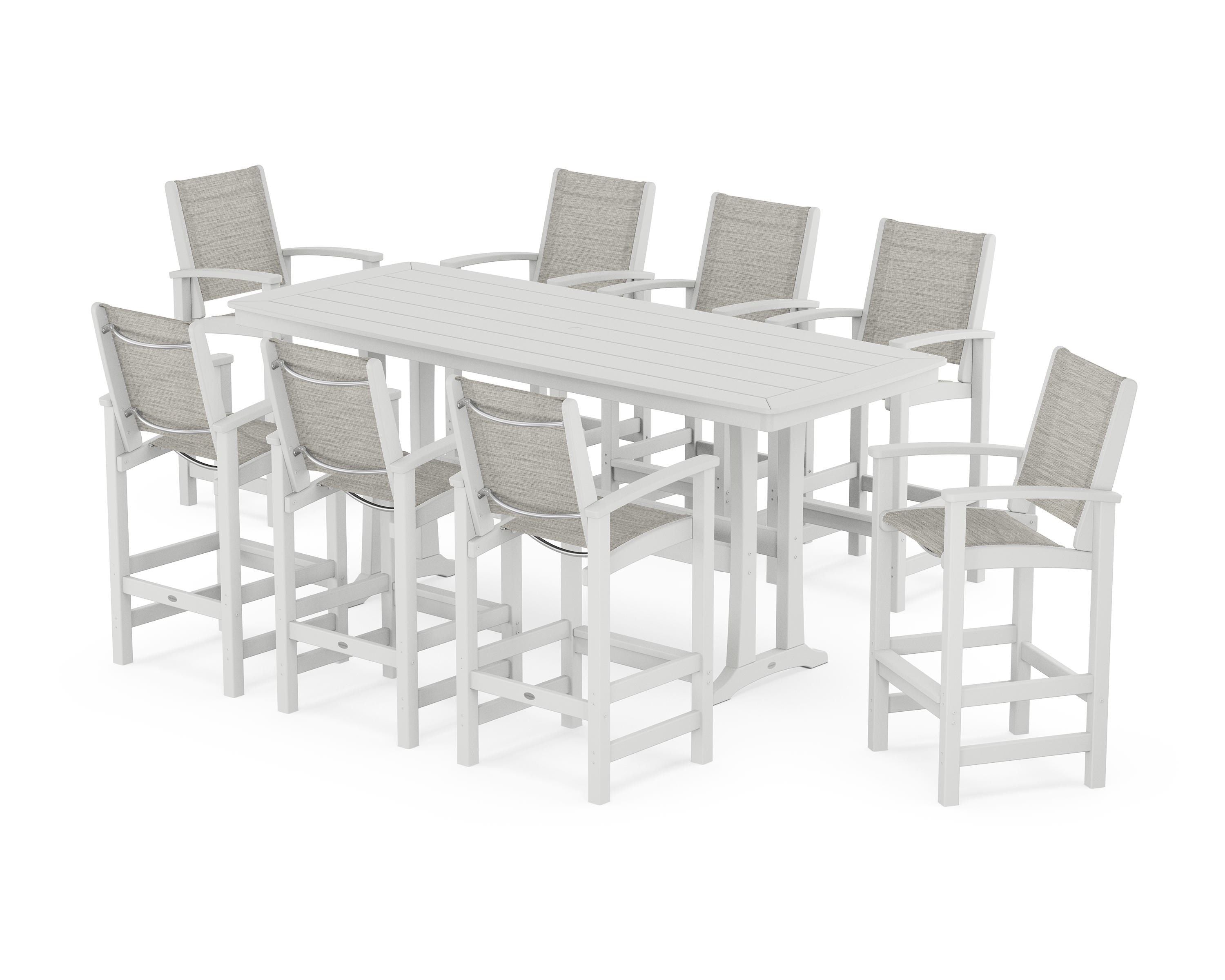 POLYWOOD® Coastal 9-Piece Bar Set with Trestle Legs in White / Birch Sling