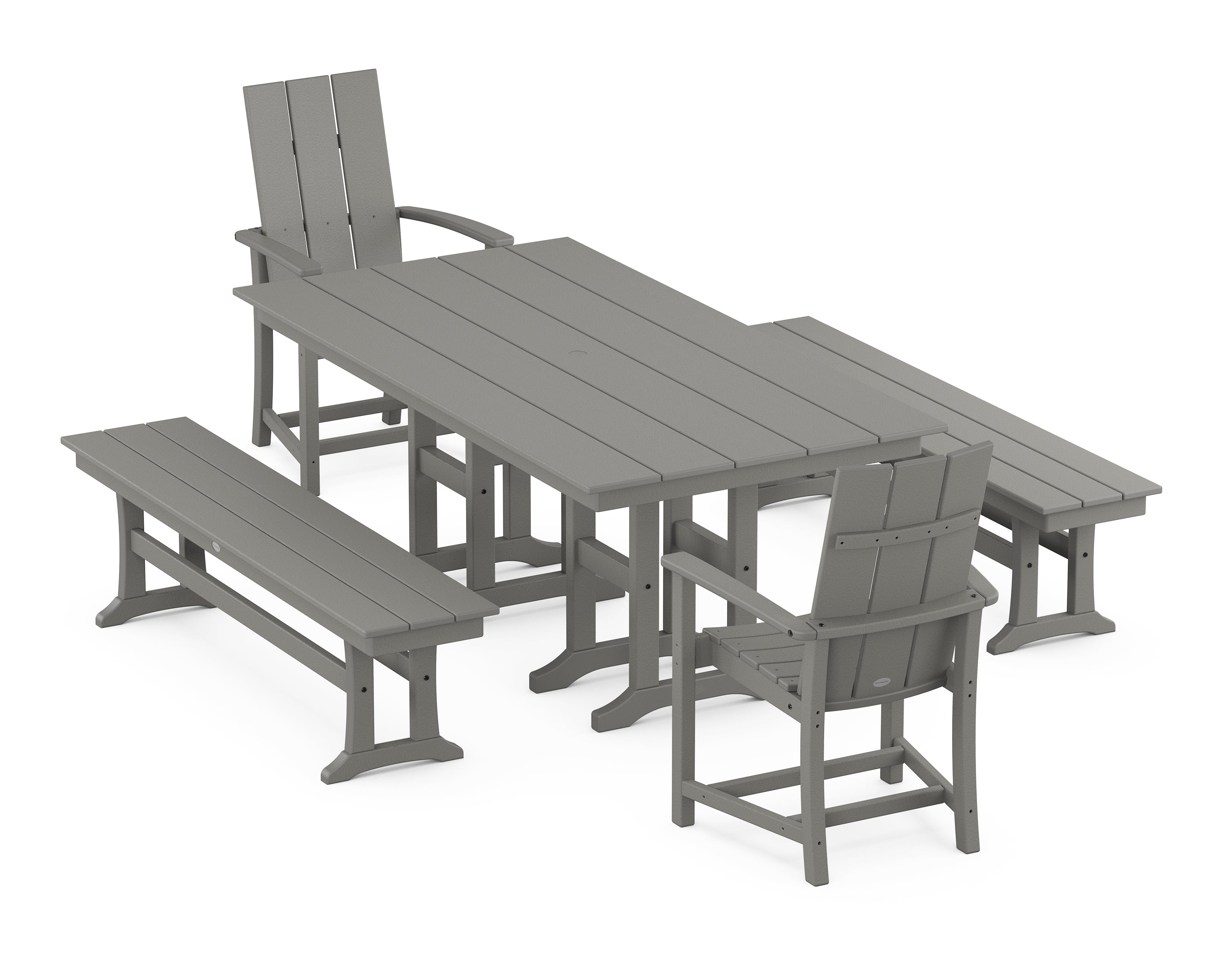 POLYWOOD® Modern Adirondack 5-Piece Farmhouse Dining Set with Benches in Slate Grey