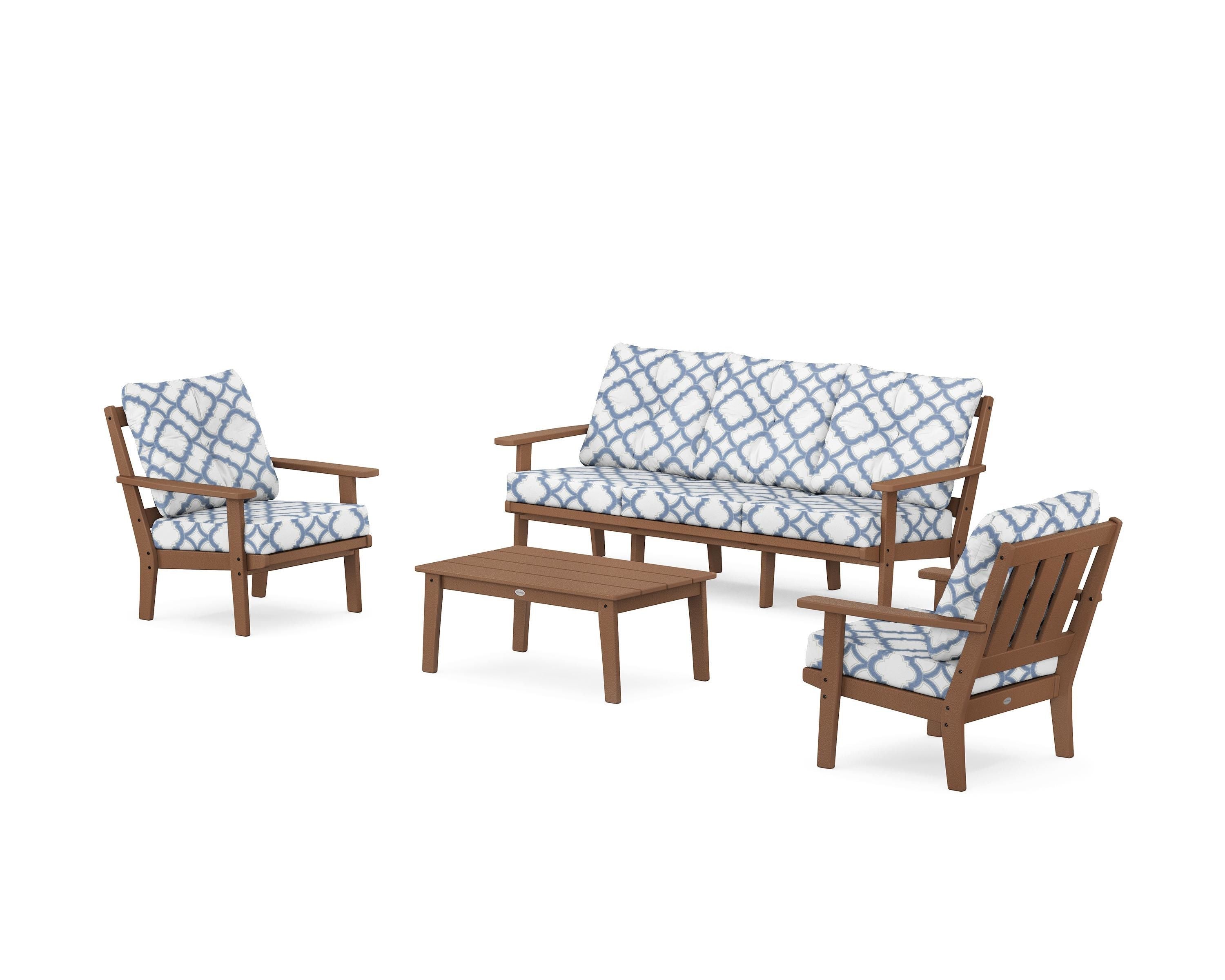 POLYWOOD® Oxford 4-Piece Deep Seating Set with Sofa in Teak / Trellis Sky Blue