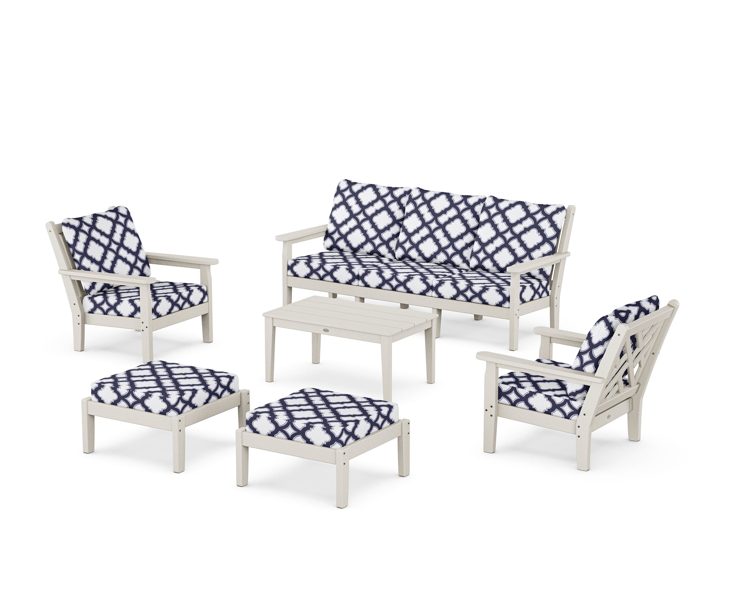 POLYWOOD® Chippendale 6-Piece Lounge Sofa Set in Sand / Trellis Navy