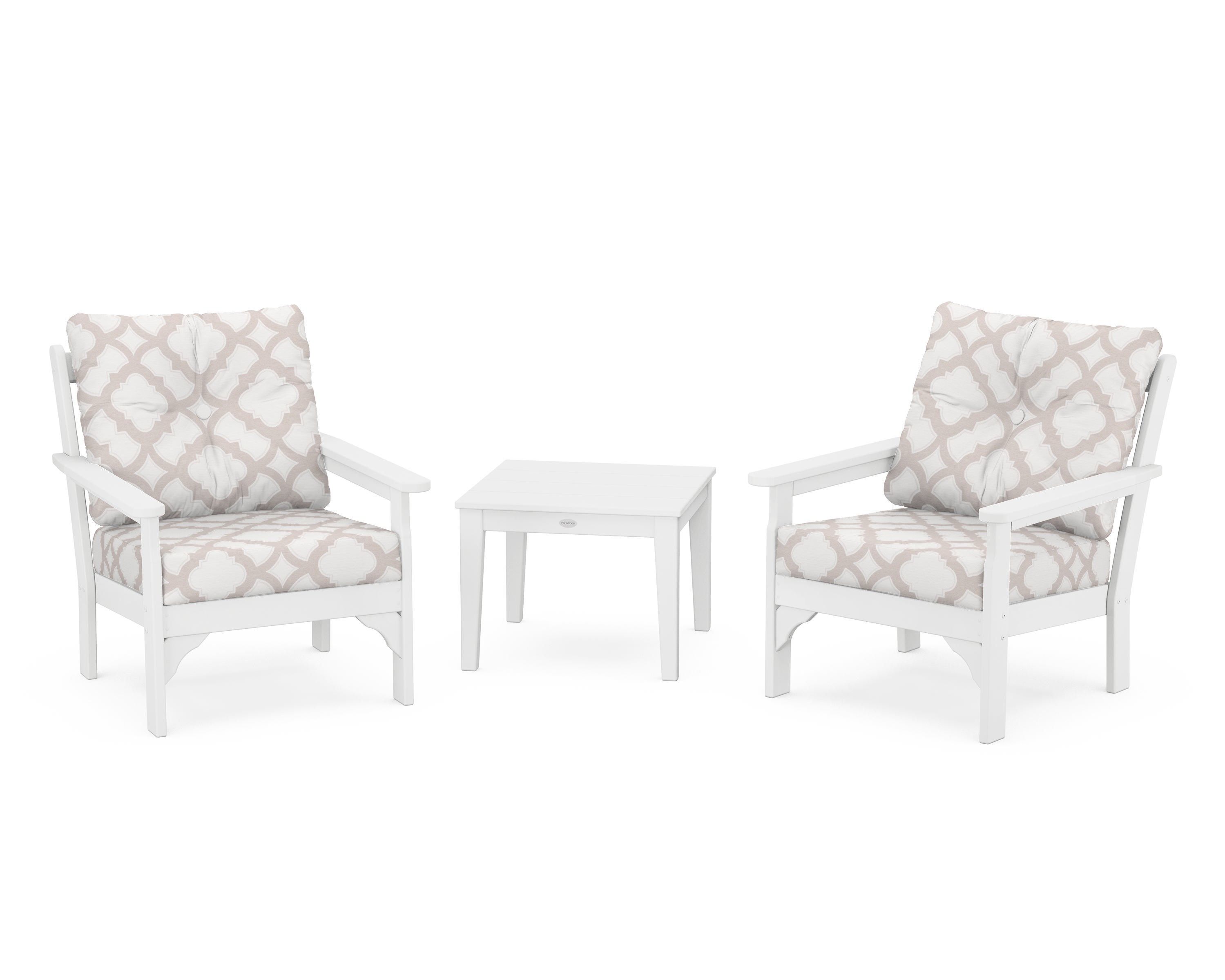 POLYWOOD® Vineyard 3-Piece Deep Seating Set in White / Trellis Dune Burlap