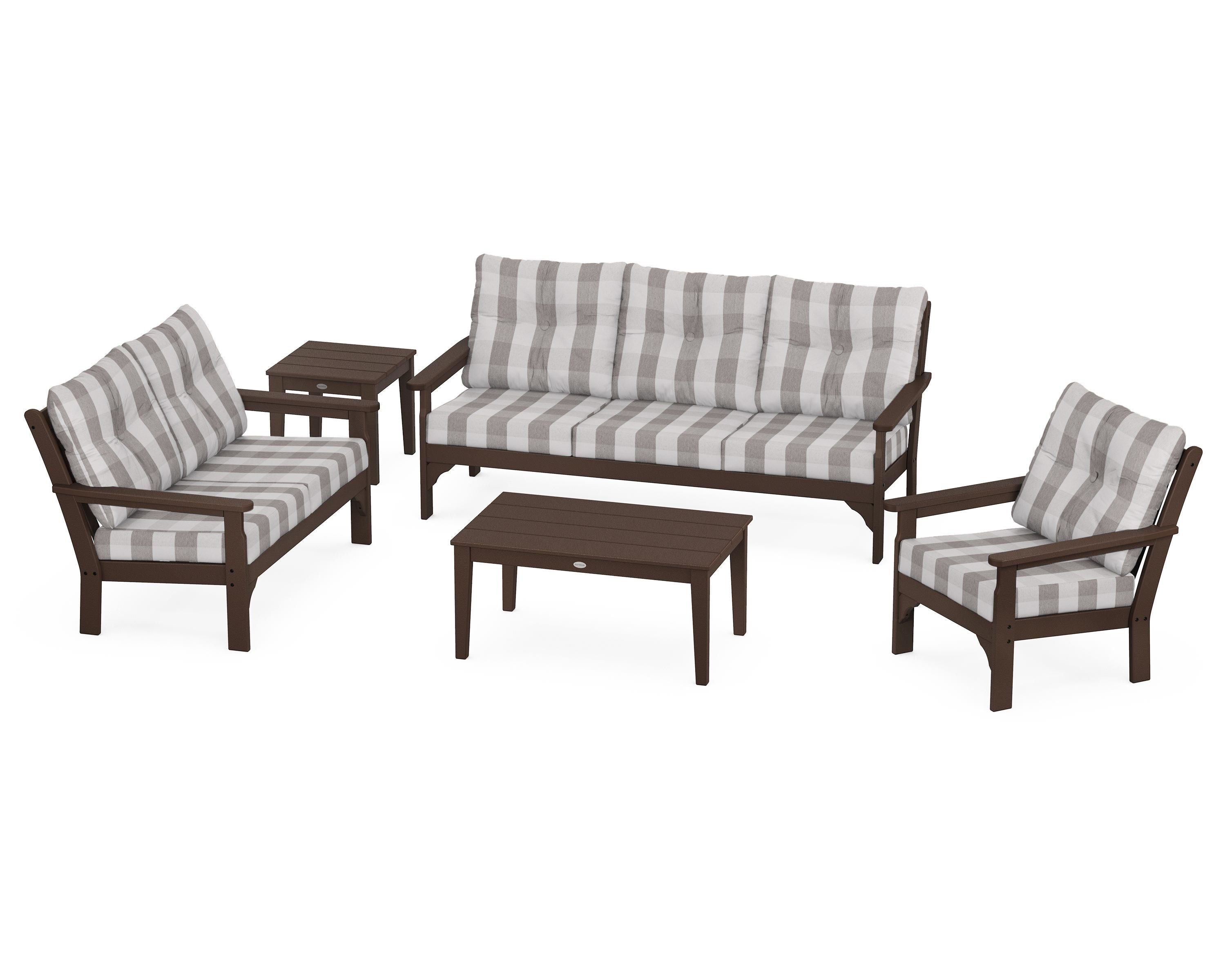 POLYWOOD® Vineyard 5 Piece Deep Seating Set in Mahogany / Buffalo Plaid Grey Mist