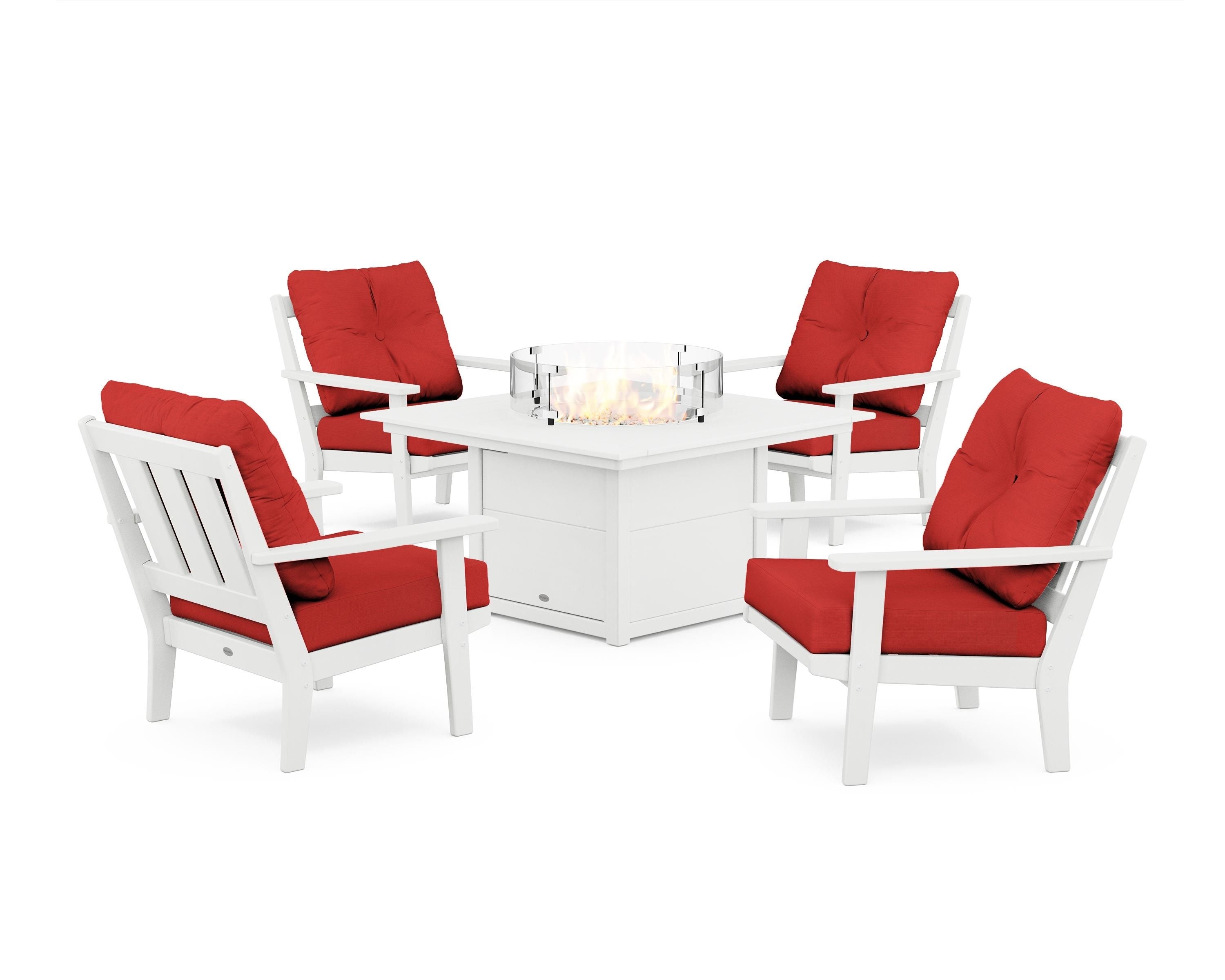 POLYWOOD® Oxford 5-Piece Deep Seating Set with Fire Pit Table in White / Crimson Linen