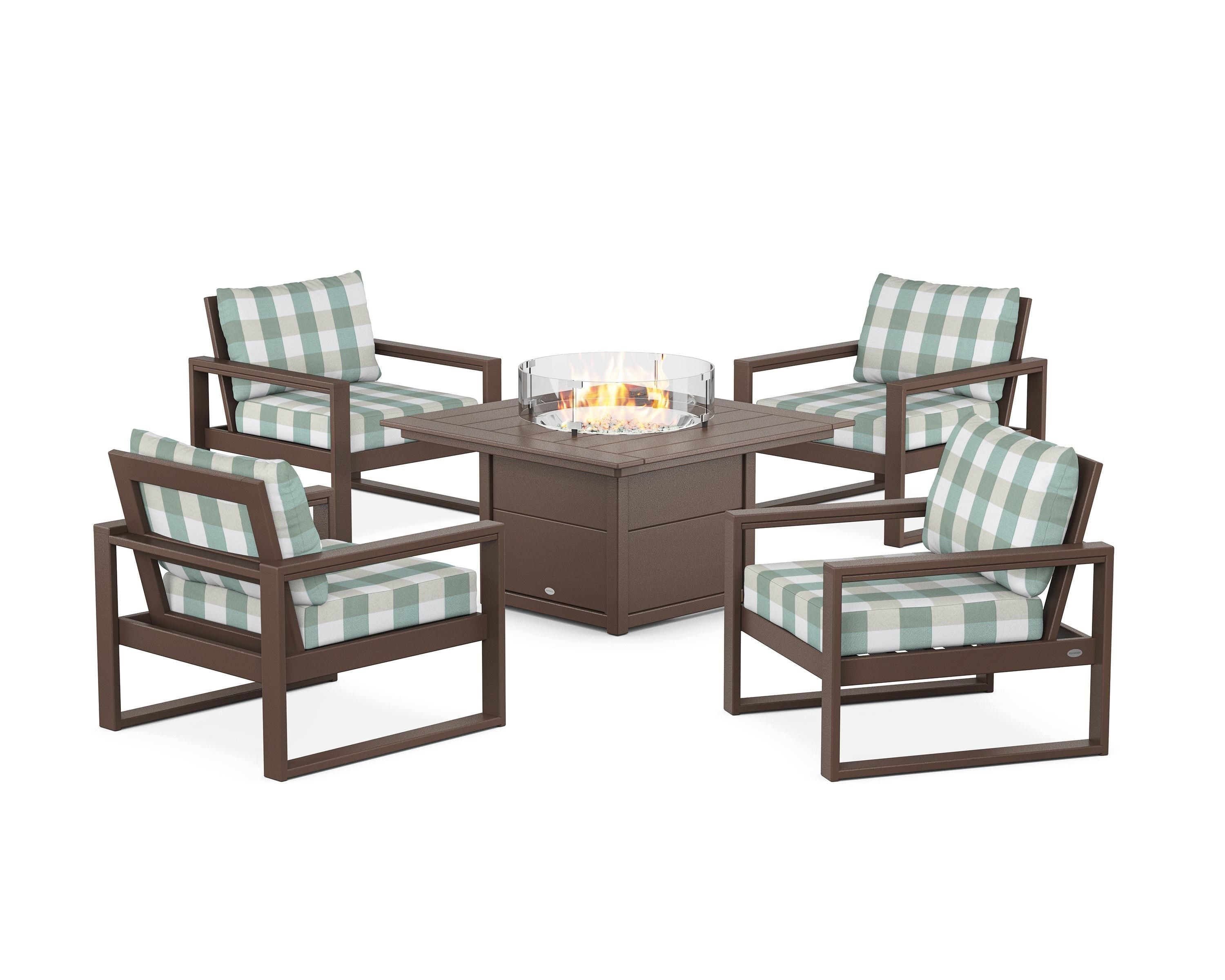 POLYWOOD® EDGE Sectional 5-Piece Deep Seating Set with Fire Pit Table in Mahogany / Buffalo Plaid Glacier Spa