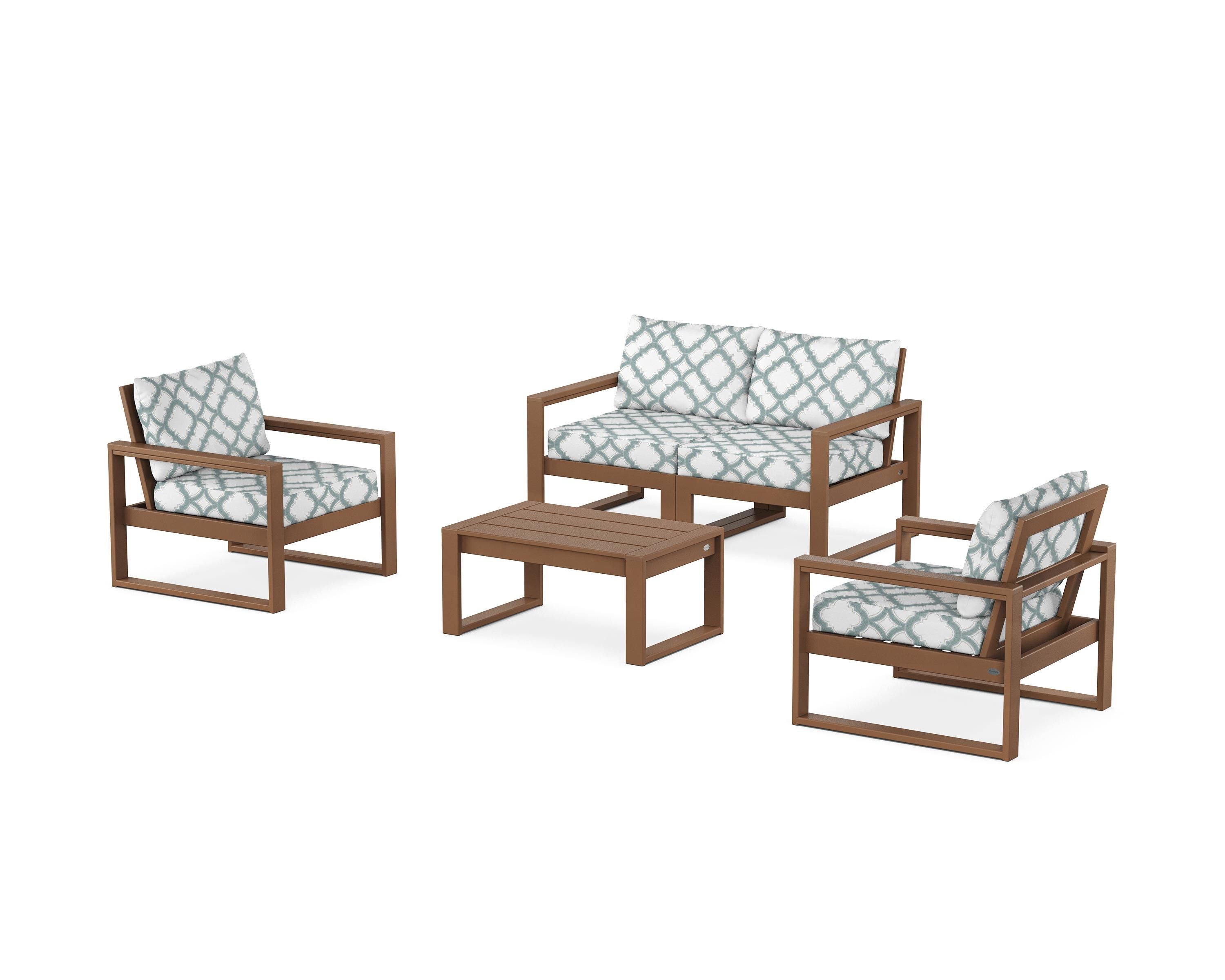 POLYWOOD® EDGE Sectional 4-Piece Deep Seating Set with Loveseat in Teak / Trellis Glacier Spa