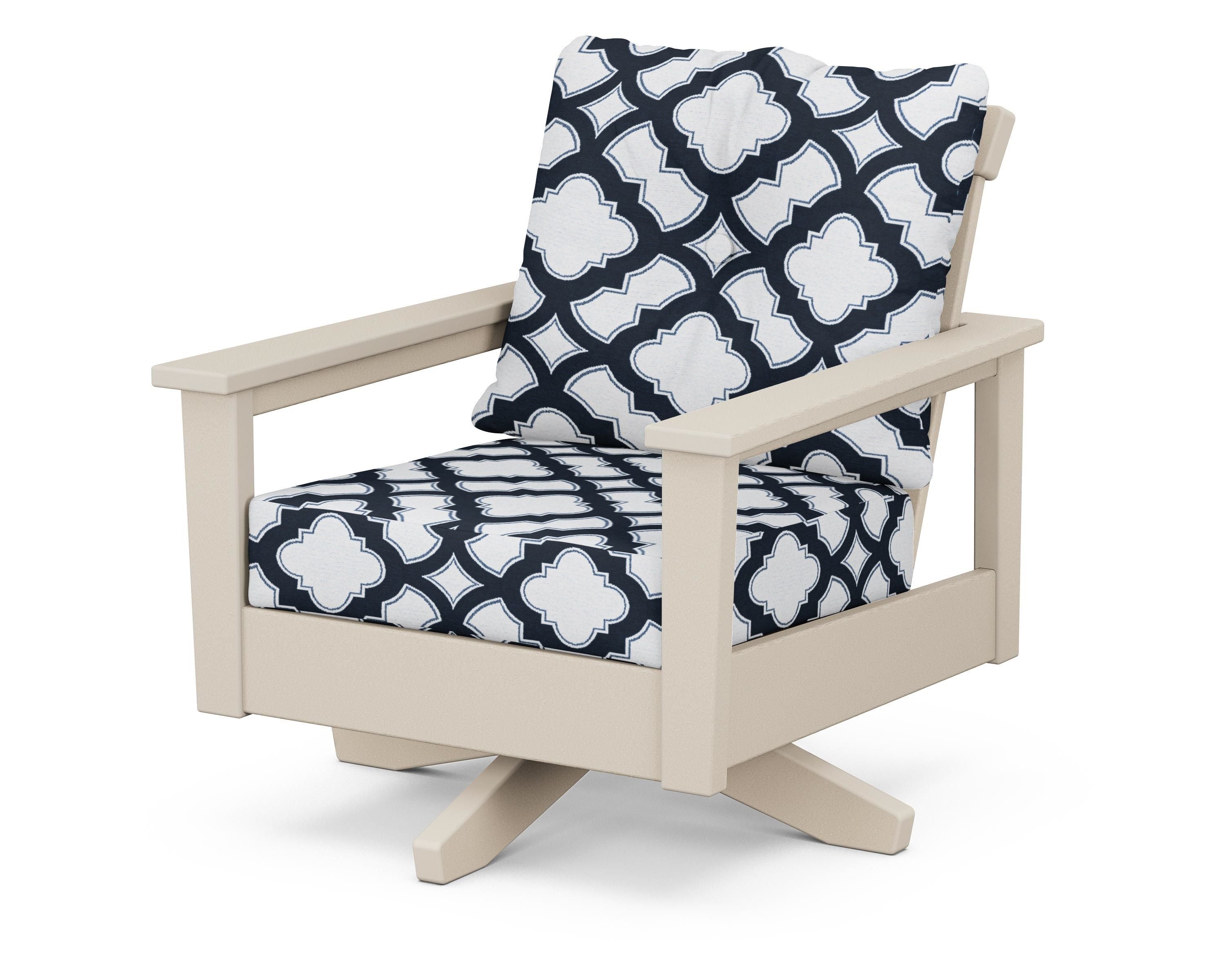 POLYWOOD® Prescott Deep Seating Swivel Chair in Sand / Trellis Marine Indigo