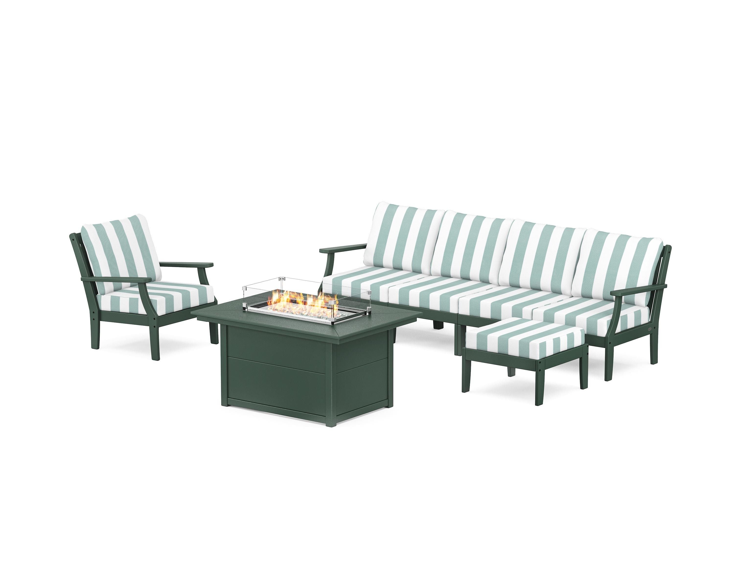 POLYWOOD® Braxton Sectional Lounge and Fire Pit Set in Green / Cabana Stripe Glacier Spa