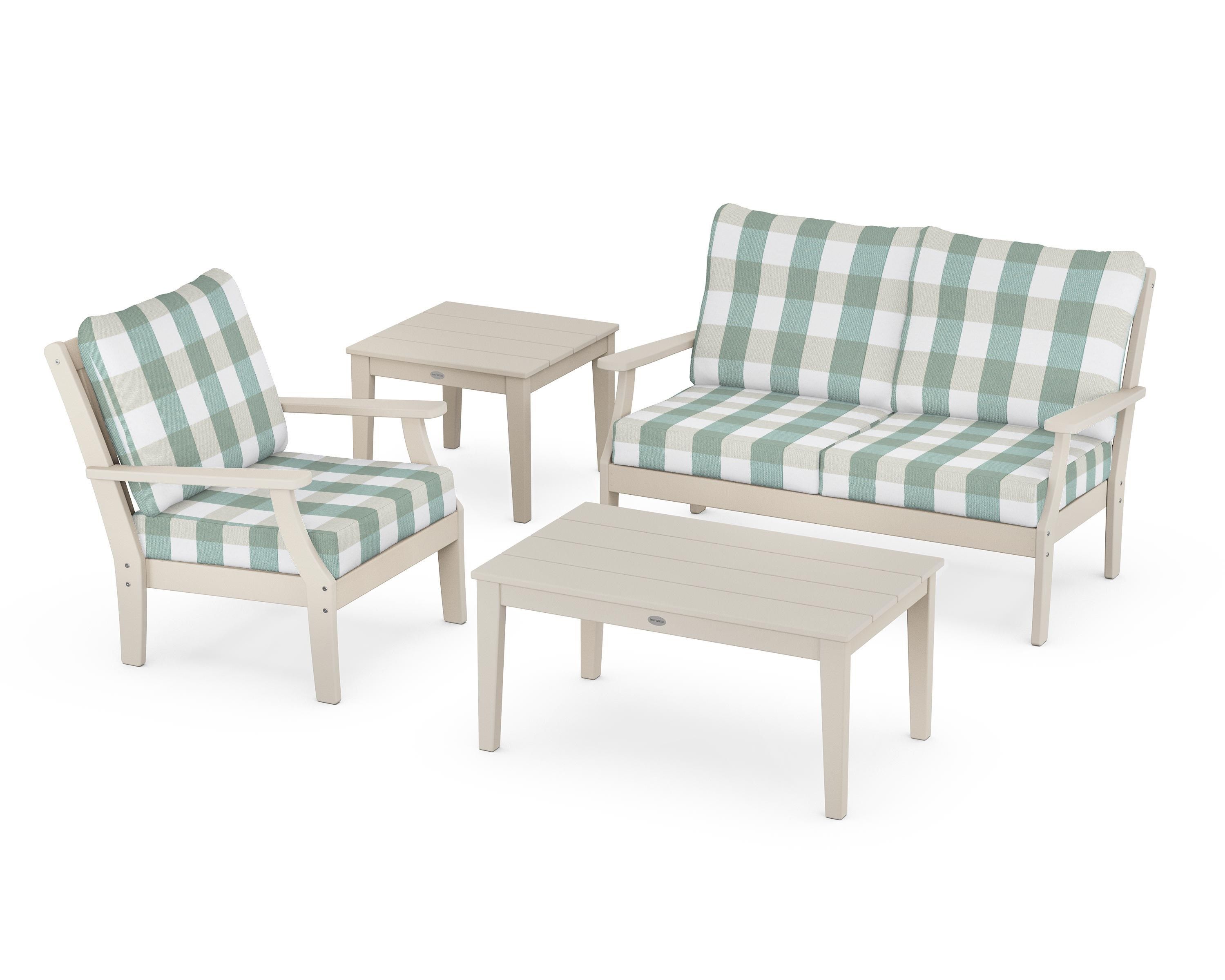 POLYWOOD® Braxton 4-Piece Deep Seating Set in Sand / Buffalo Plaid Glacier Spa