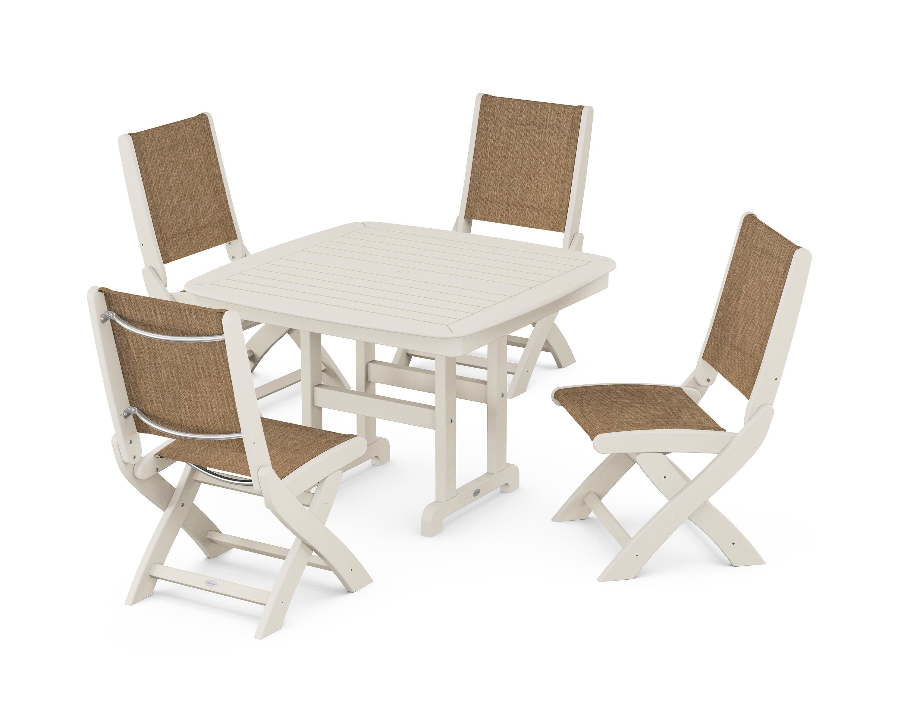 POLYWOOD® Coastal Folding Side Chair 5-Piece Dining Set in Sand / Burlap Sling