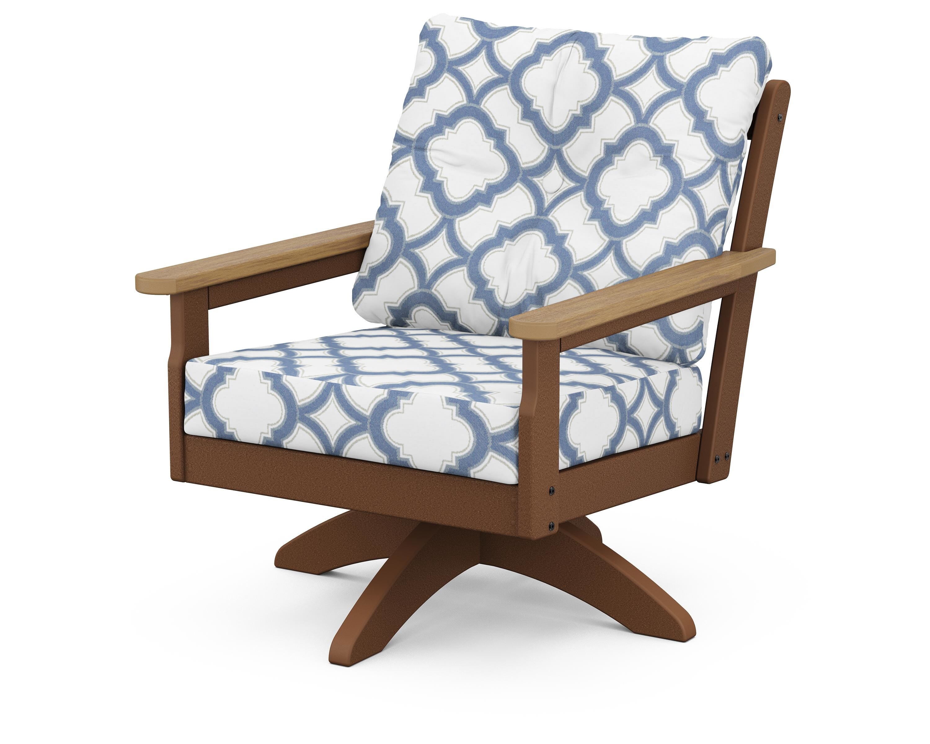 POLYWOOD® Vineyard Deep Seating Swivel Chair in Teak / Natural / Trellis Sky Blue