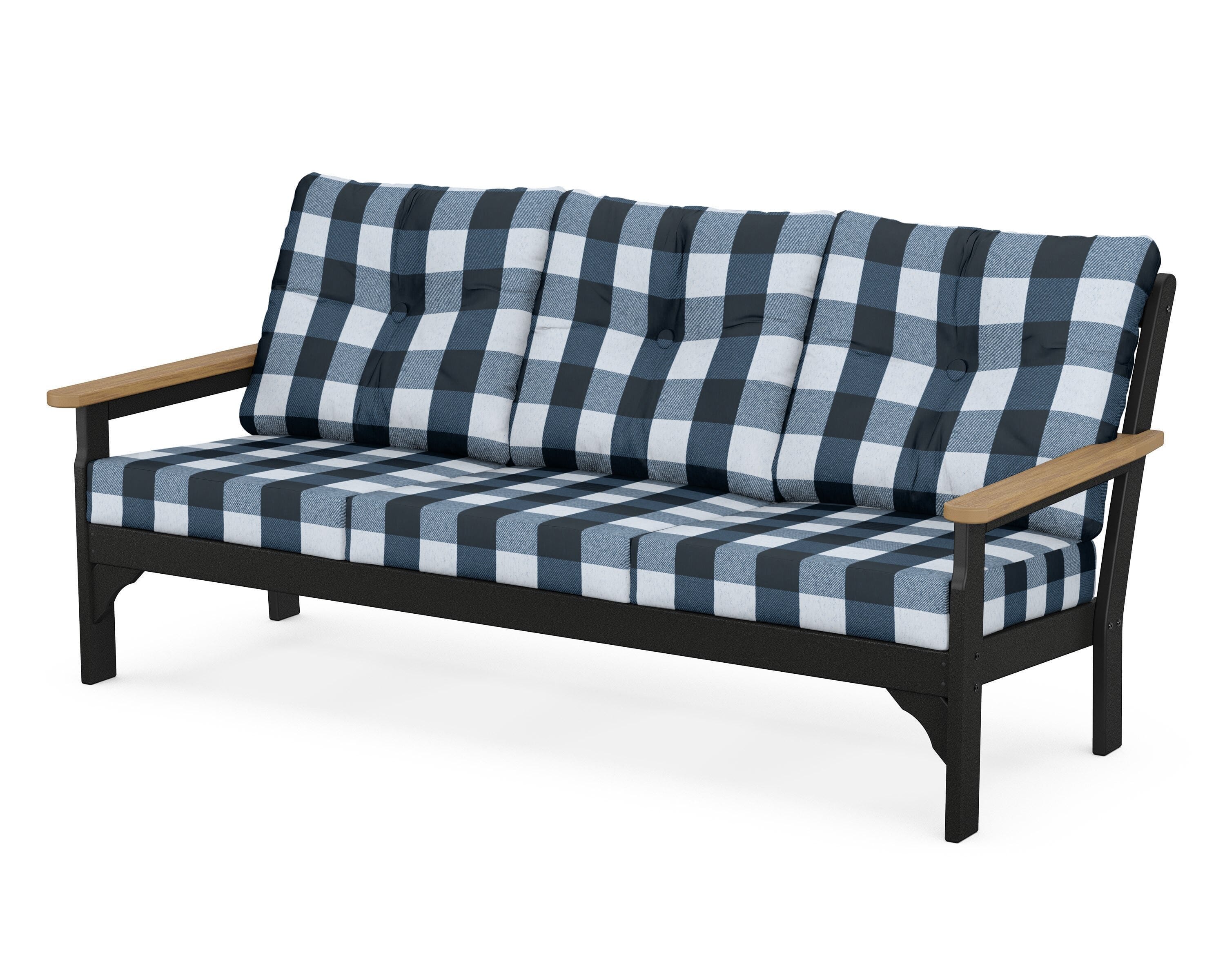 POLYWOOD® Vineyard Deep Seating Sofa in Black / Natural / Buffalo Plaid Marine Indigo