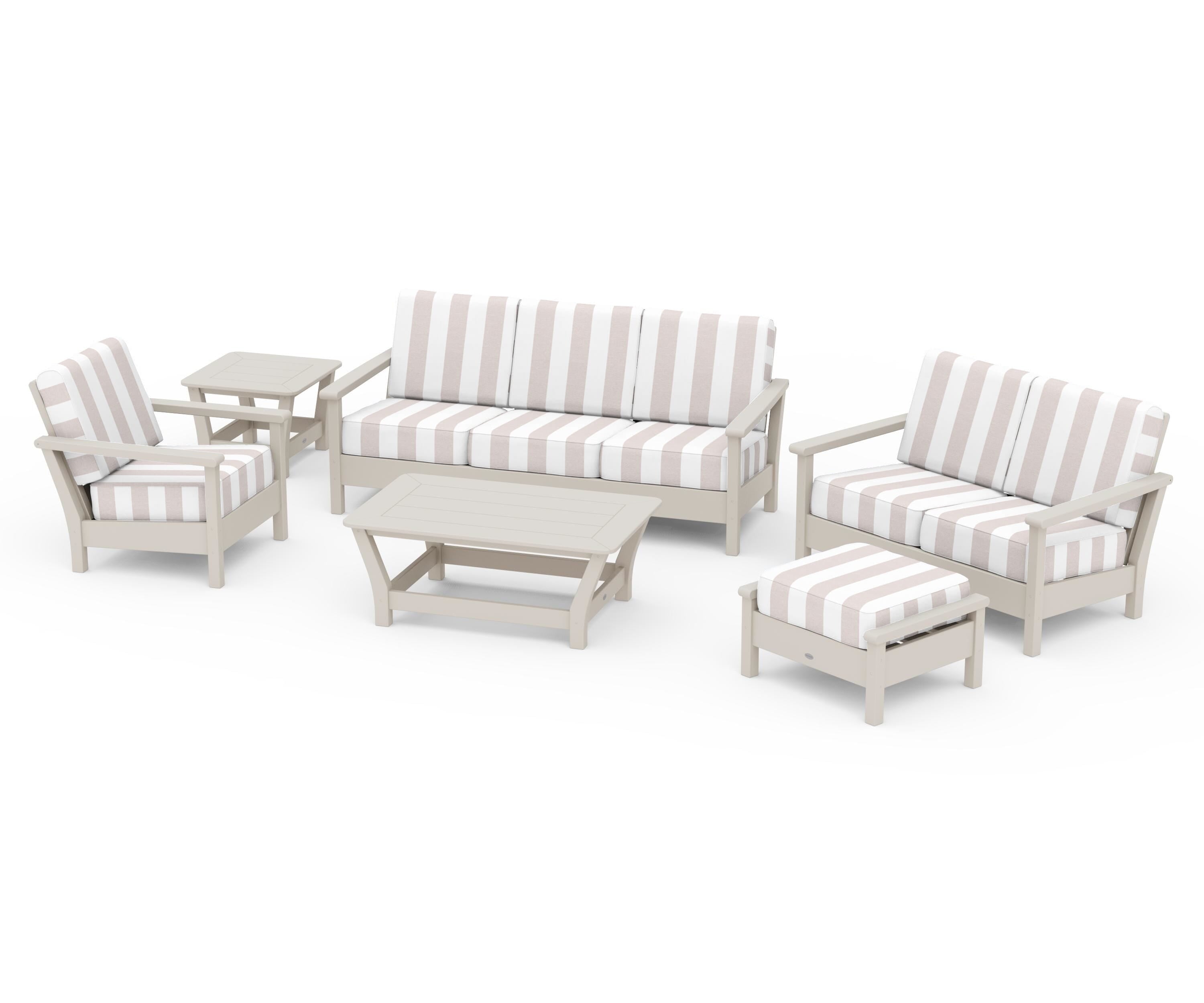 POLYWOOD® Harbour 6-Piece Outdoor Living Set in Sand / Cabana Stripe Dune Burlap