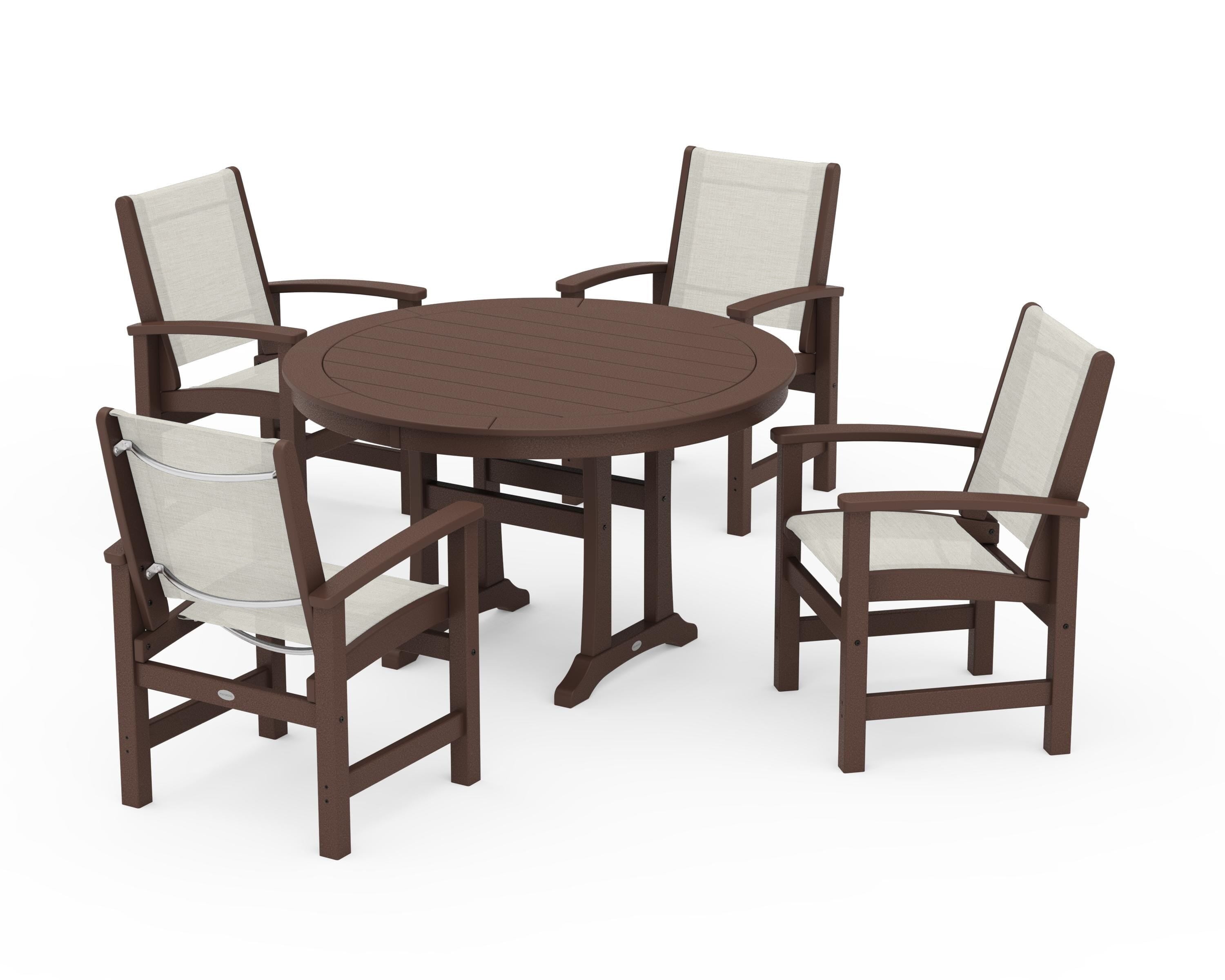 POLYWOOD® Coastal 5-Piece Round Dining Set with Trestle Legs in Mahogany / Parchment Sling