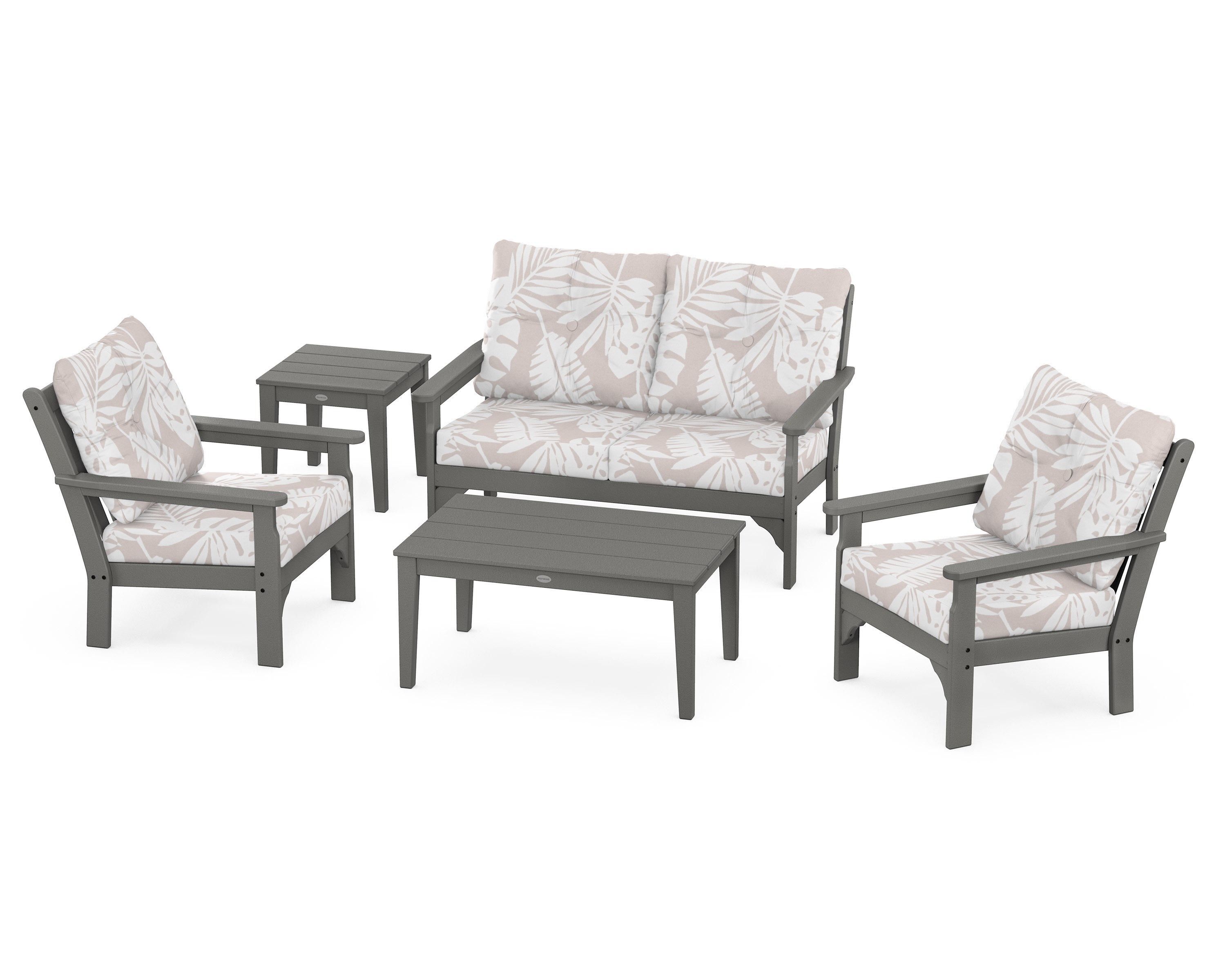 POLYWOOD® Vineyard 5-Piece Deep Seating Set in Slate Grey / Leaf Dune Burlap