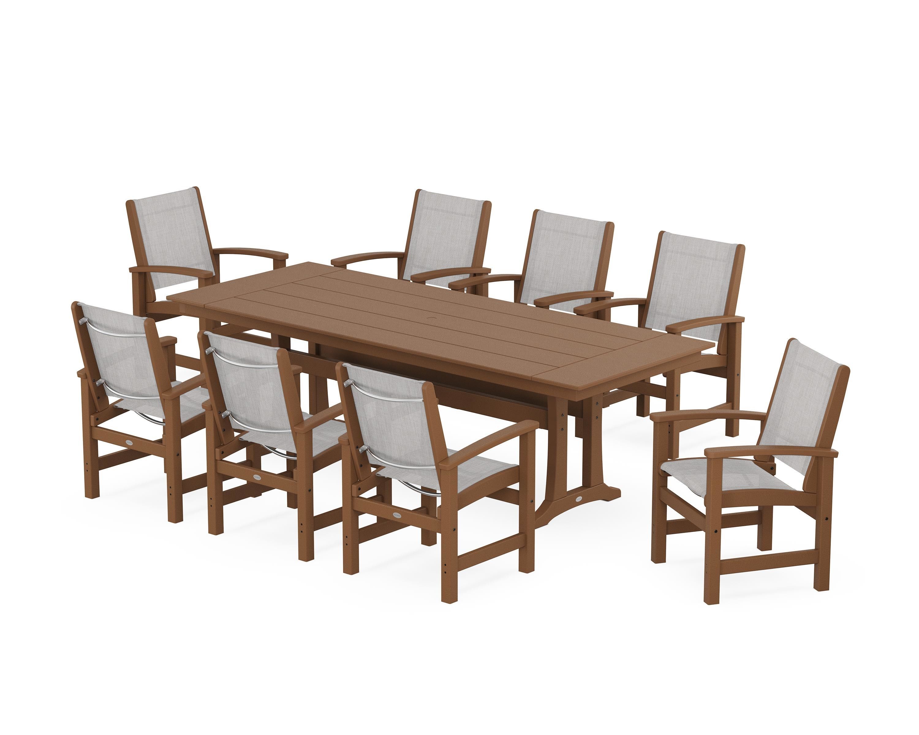 POLYWOOD® Coastal 9-Piece Farmhouse Dining Set with Trestle Legs in Teak / Parchment Sling