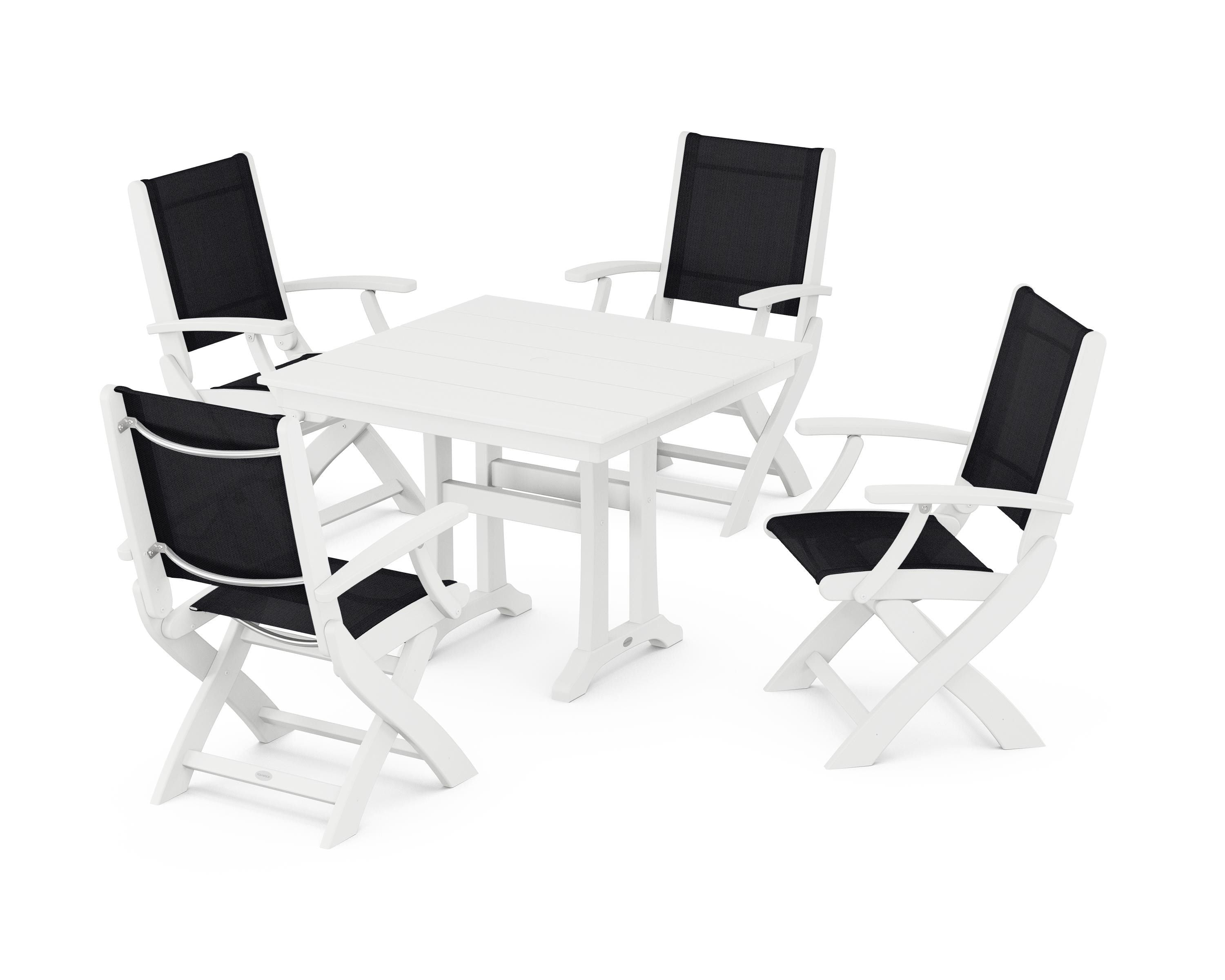 POLYWOOD® Coastal Folding Chair 5-Piece Farmhouse Dining Set With Trestle Legs in White / Black Sling