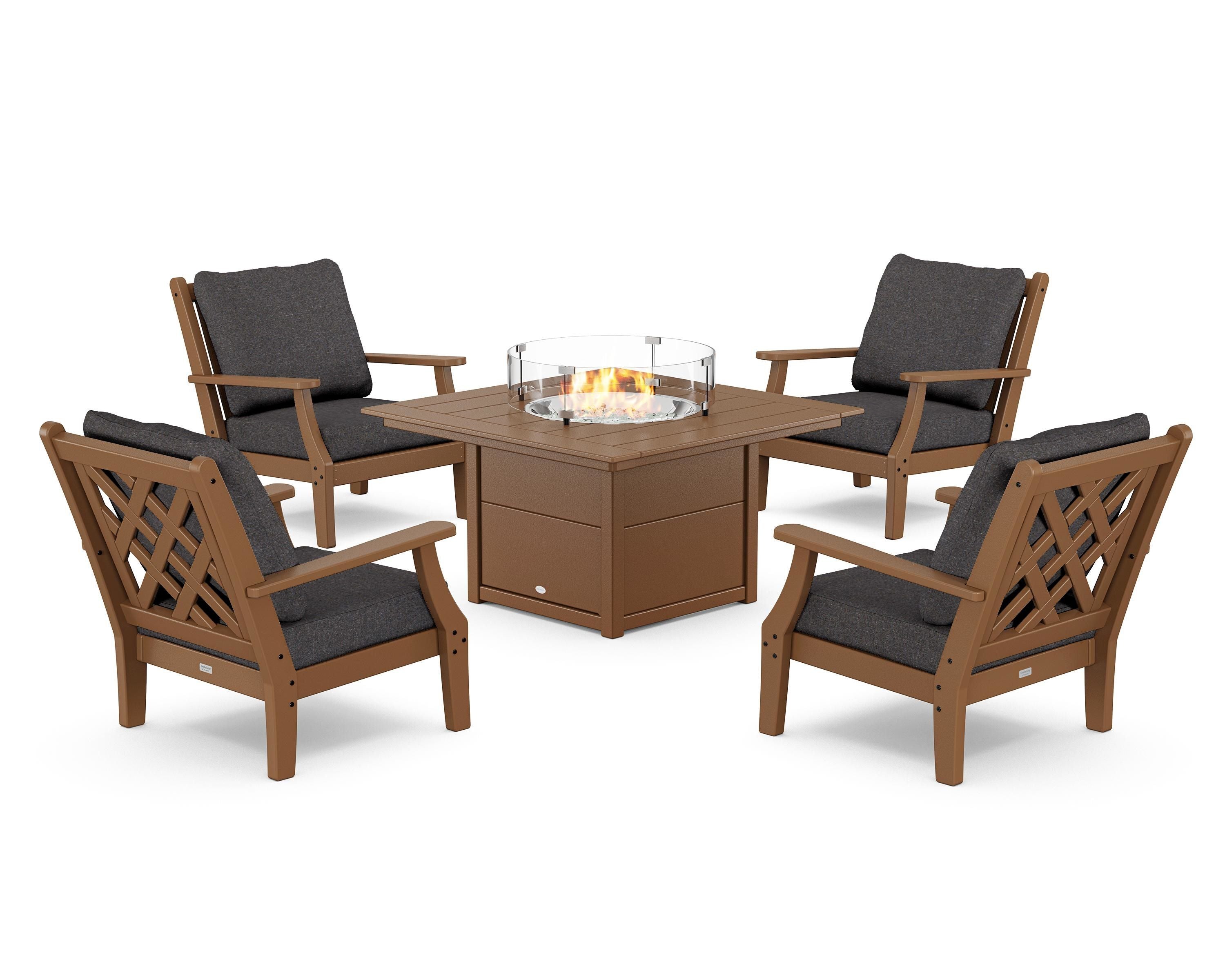 Country Living Wovendale 5-Piece Deep Seating Set with Fire Pit Table in Teak / Ash Charcoal