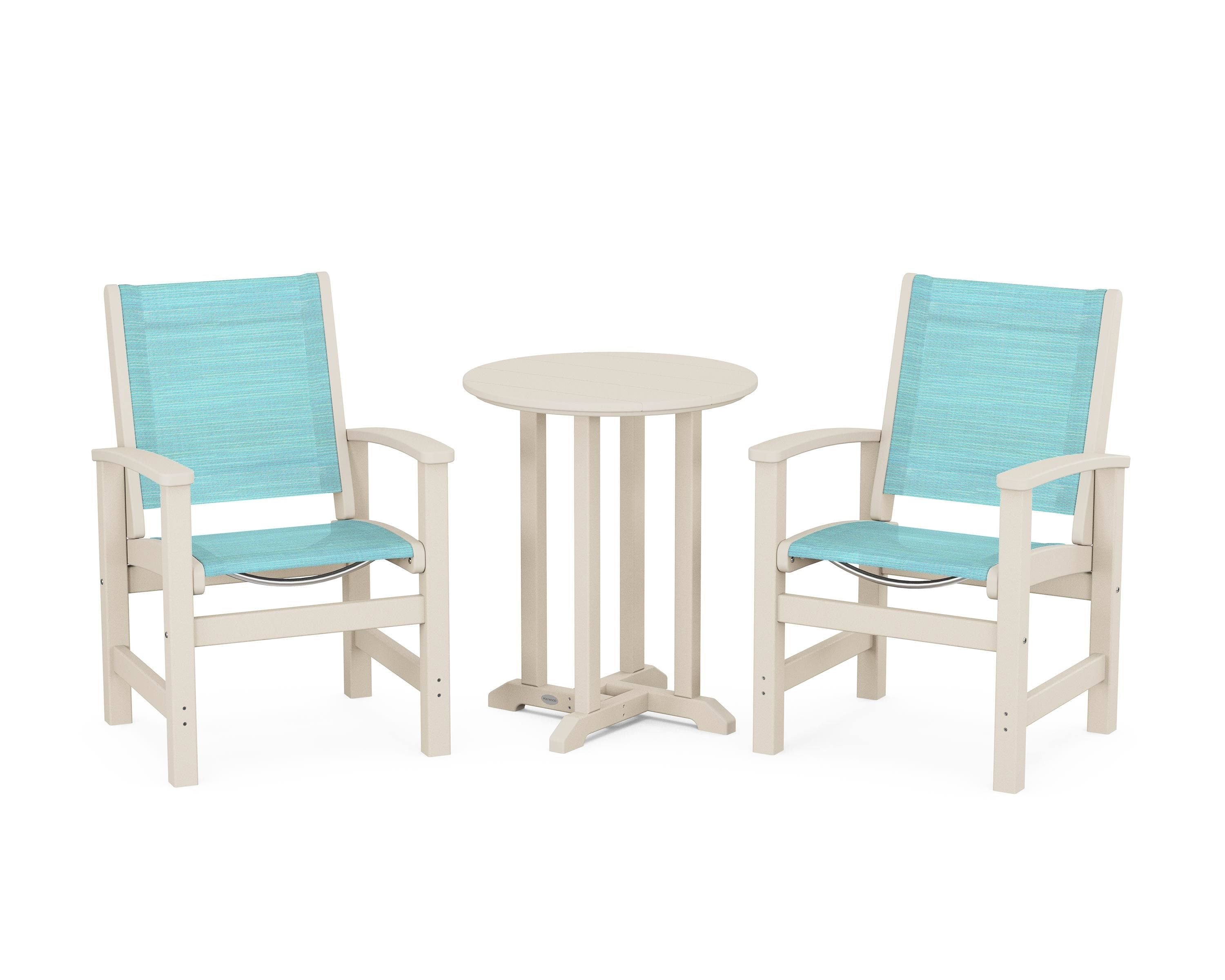 POLYWOOD® Coastal 3-Piece Round Bistro Dining Set in Sand / Dupioni Aquamarine Sling
