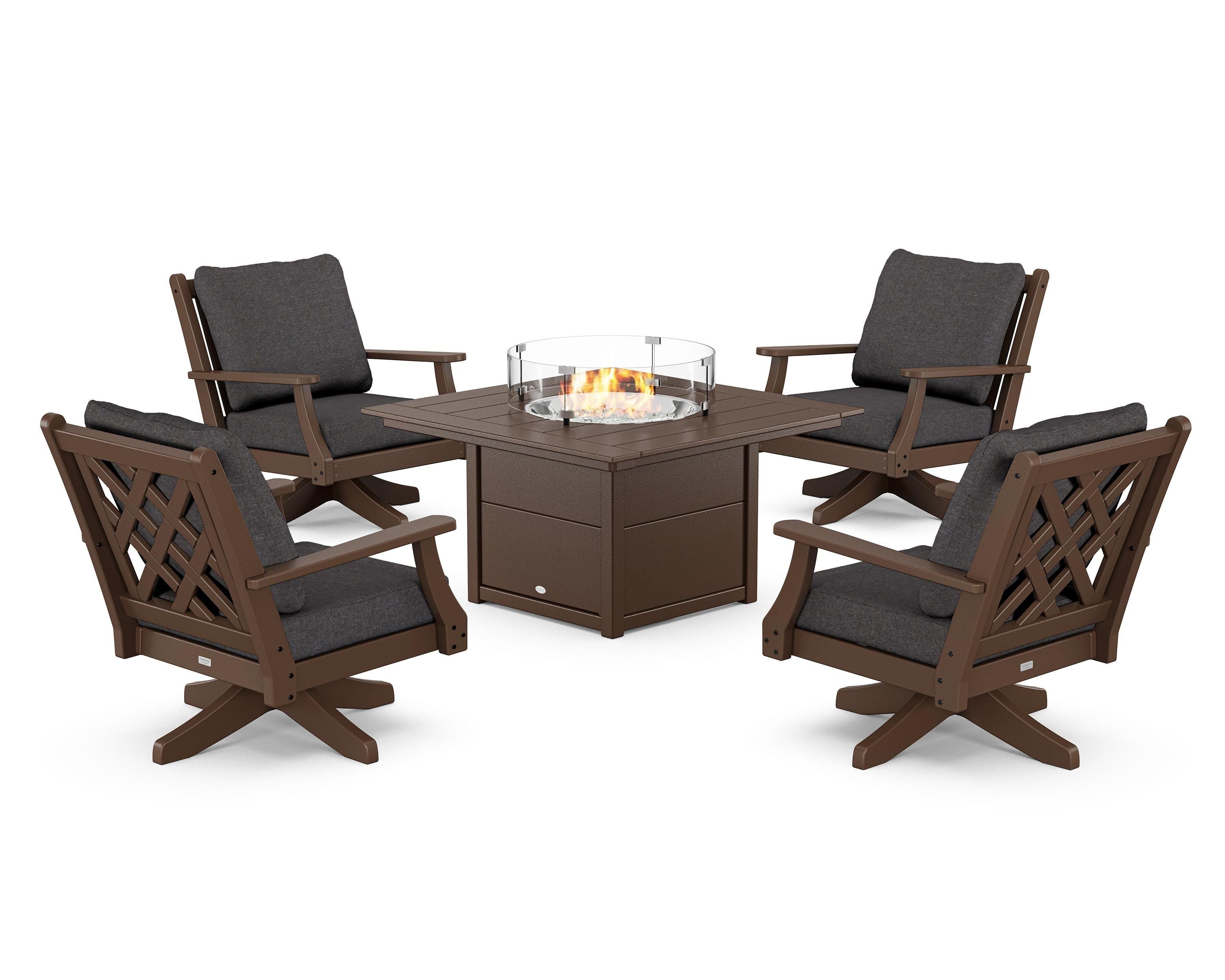 Country Living Wovendale 5-Piece Deep Seating Swivel Conversation Set with Fire Pit Table in Mahogany / Ash Charcoal