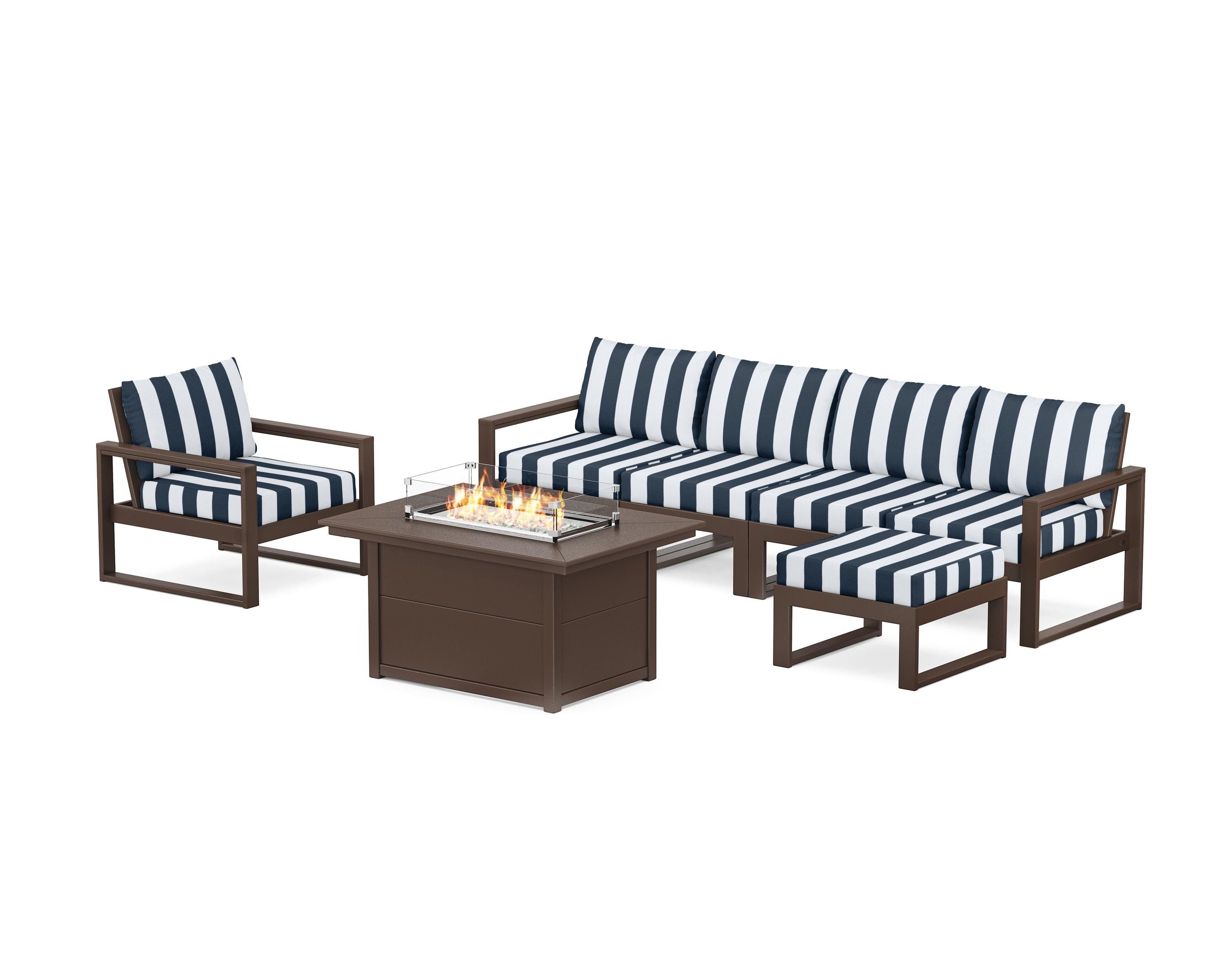 POLYWOOD® EDGE Sectional Lounge and Fire Pit Set in Mahogany / Cabana Stripe Marine Indigo