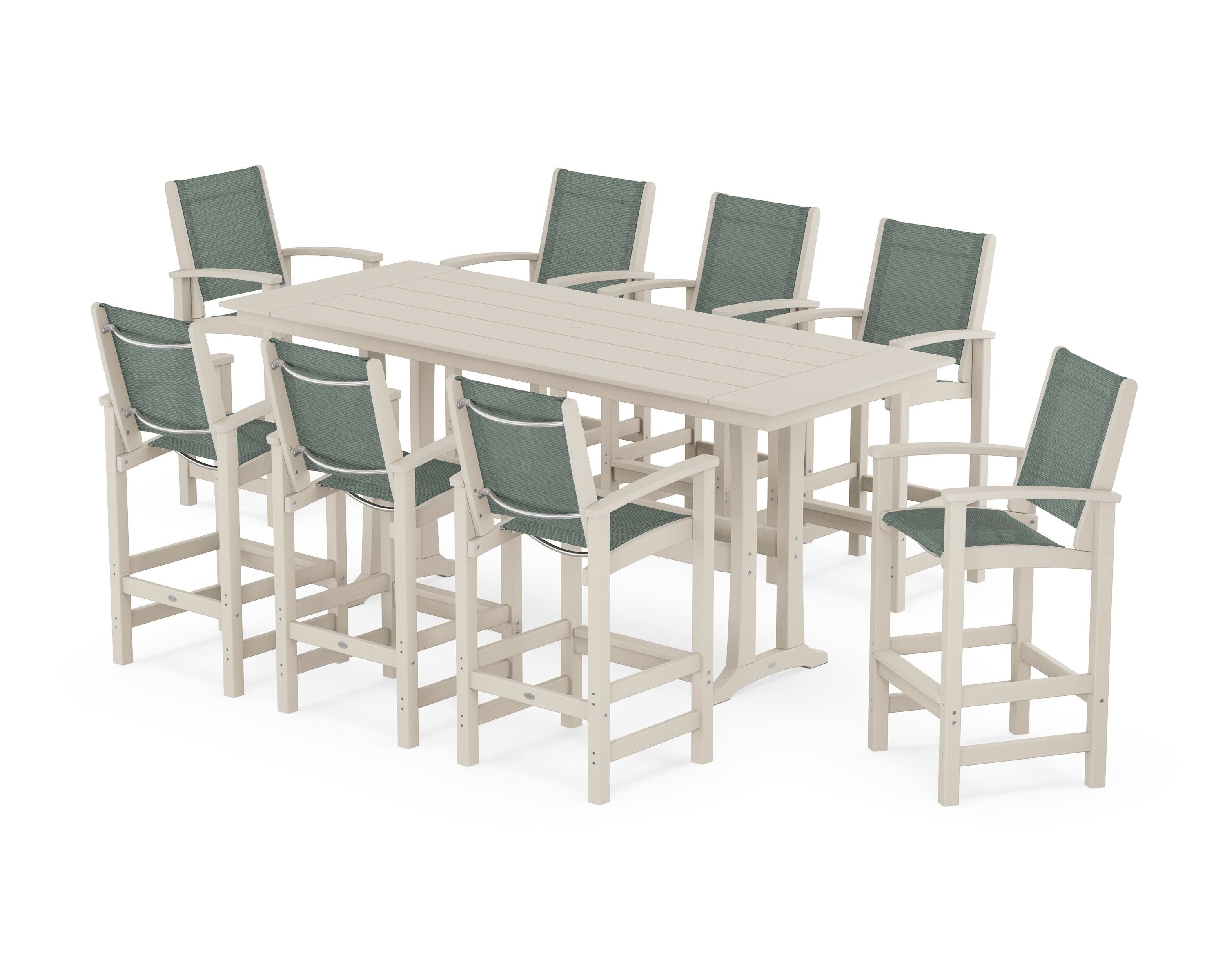 POLYWOOD® Coastal 9-Piece Farmhouse Bar Set with Trestle Legs in Sand / Dupioni Sea Mist Sling