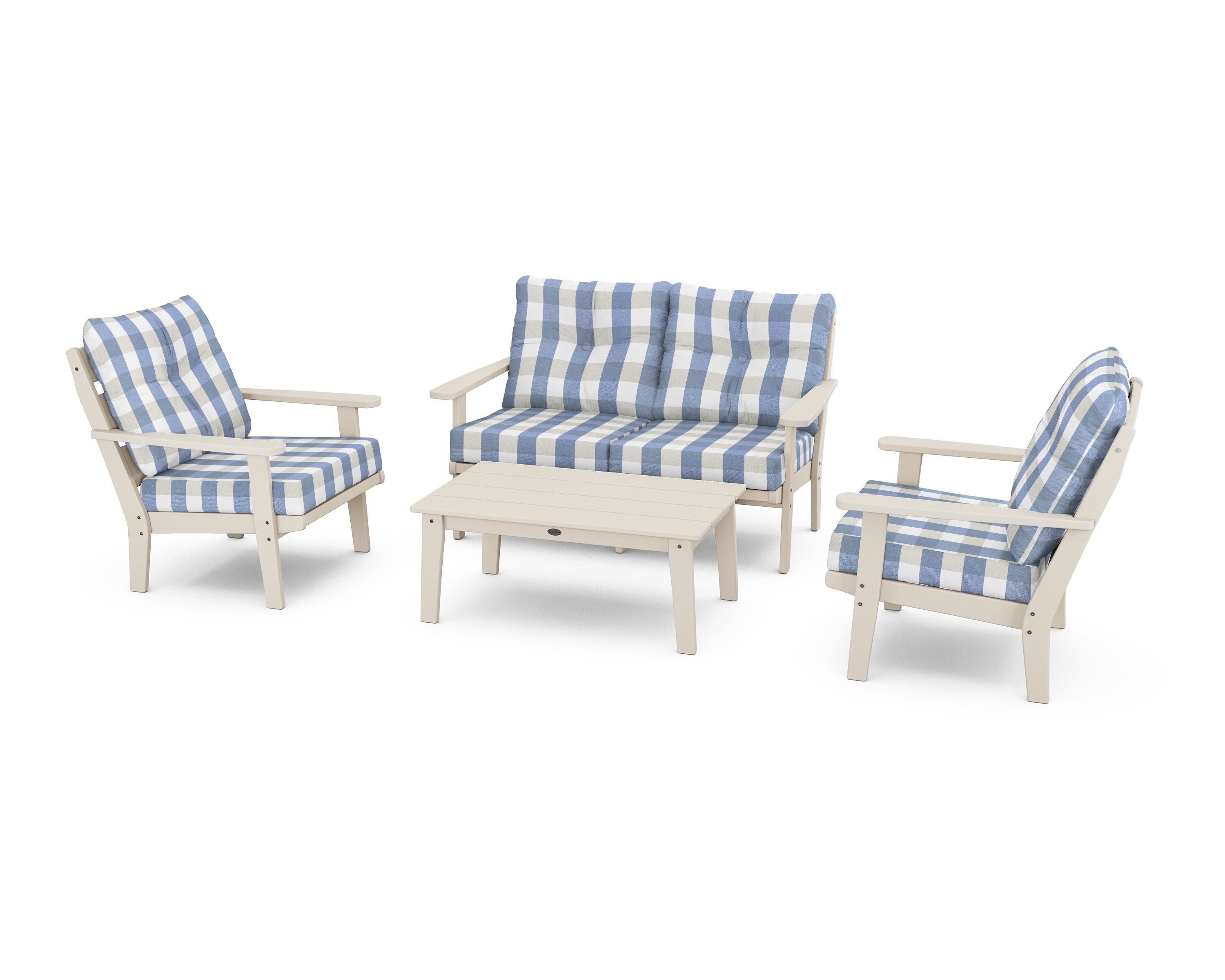 POLYWOOD® Lakeside 4-Piece Deep Seating Set in Sand / Buffalo Plaid Sky Blue