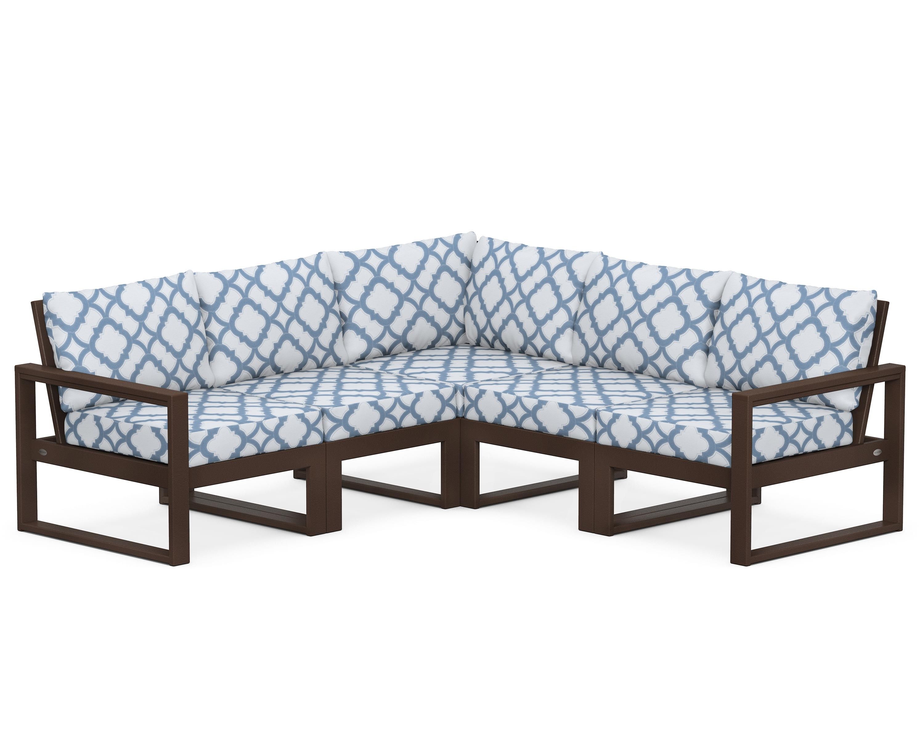 POLYWOOD® EDGE 5-Piece Modular Deep Seating Set in Mahogany / Trellis Sky Blue