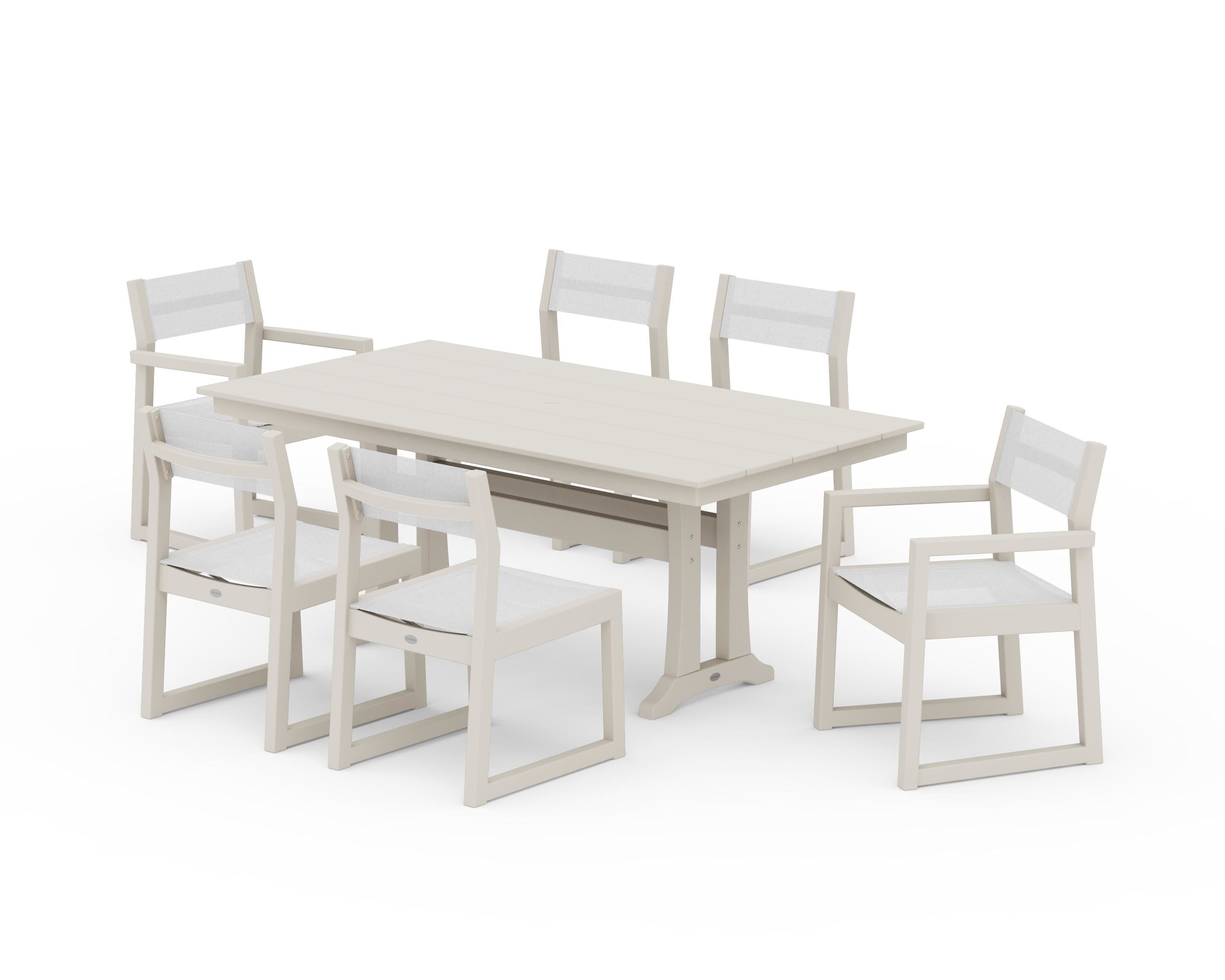 POLYWOOD® EDGE Sling 7-Piece Farmhouse Trestle Dining Set in Sand / White Sling