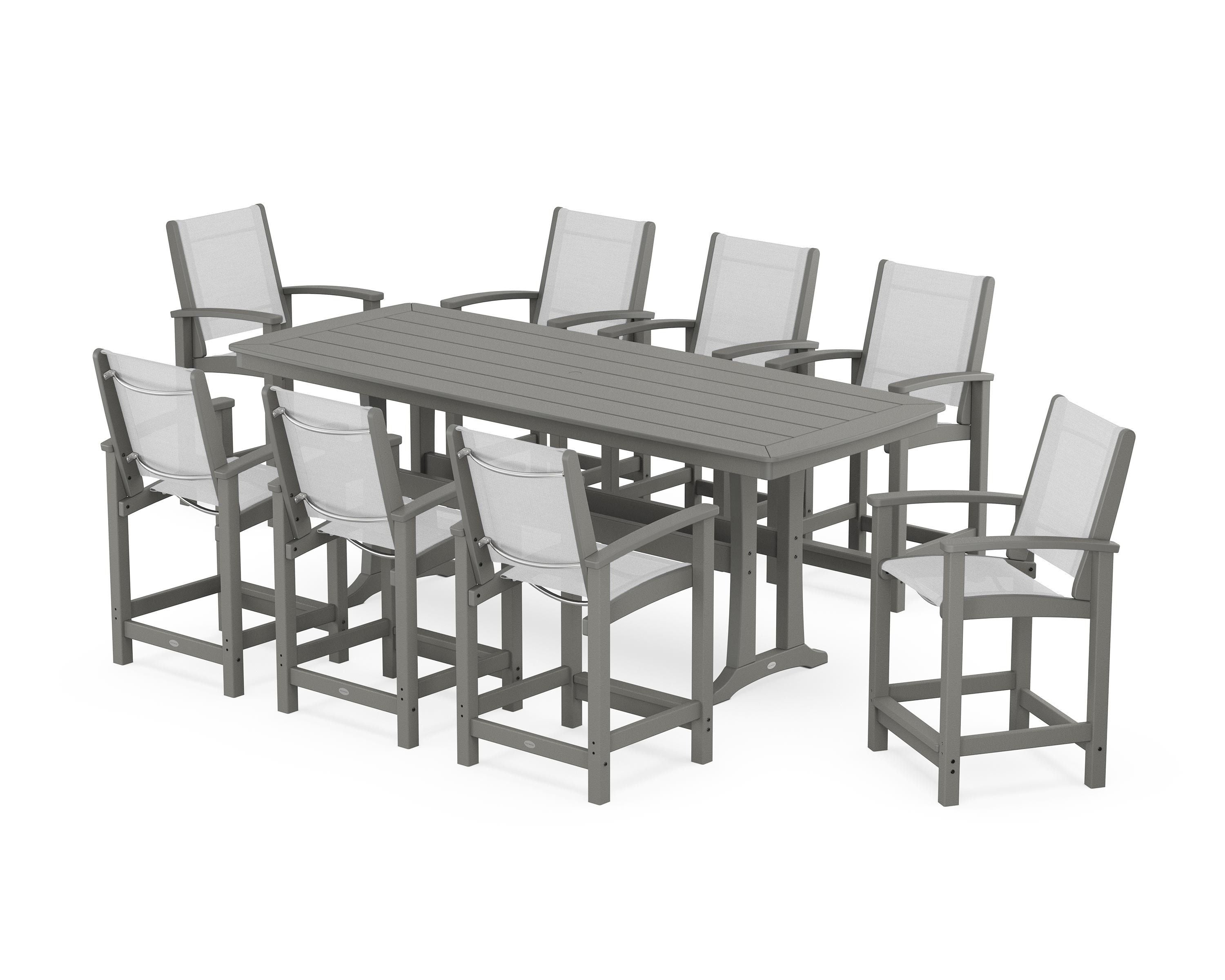 POLYWOOD® Coastal 9-Piece Counter Set with Trestle Legs in Slate Grey / White Sling