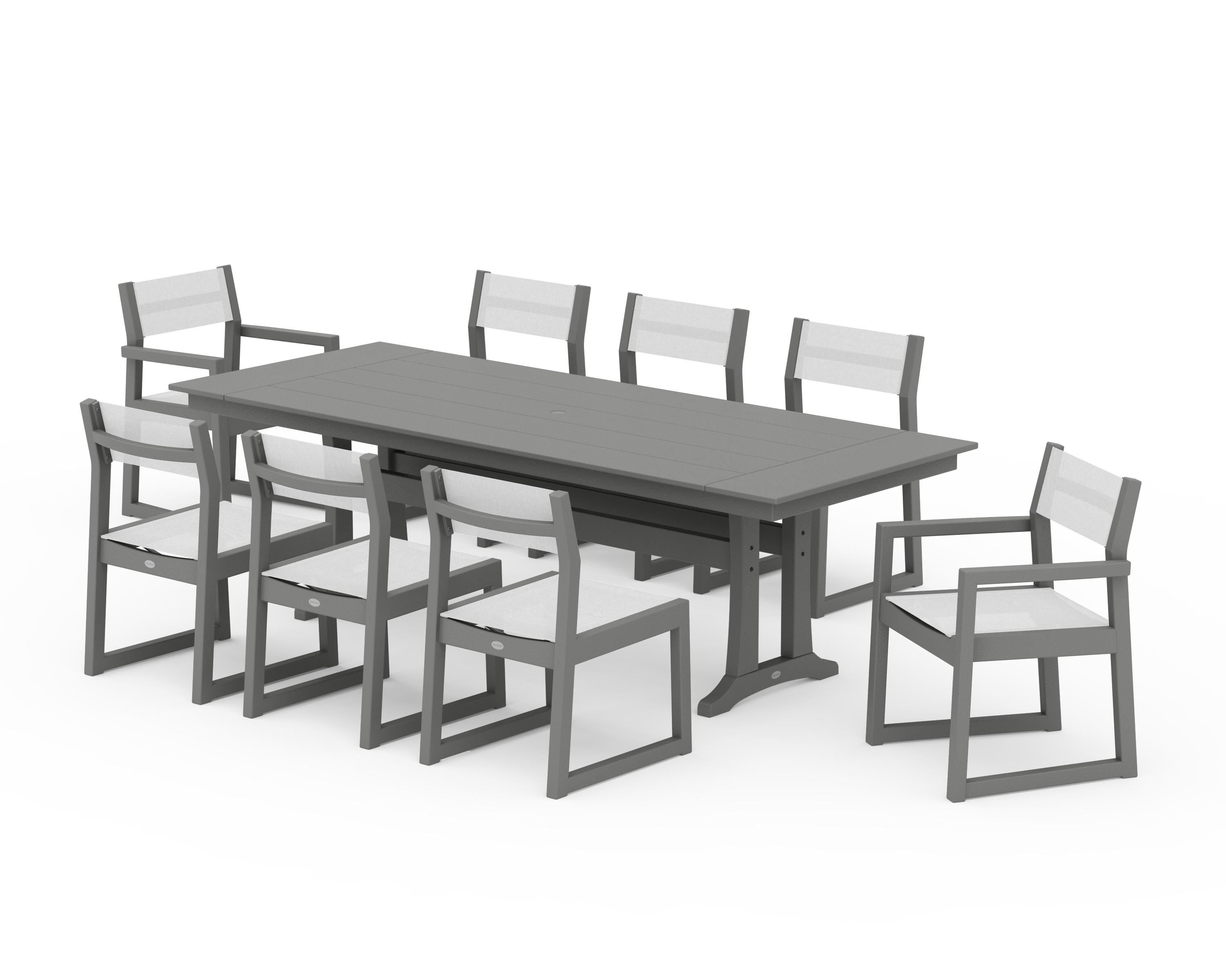 POLYWOOD® EDGE Sling 9-Piece Farmhouse Trestle Dining Set in Slate Grey / White Sling