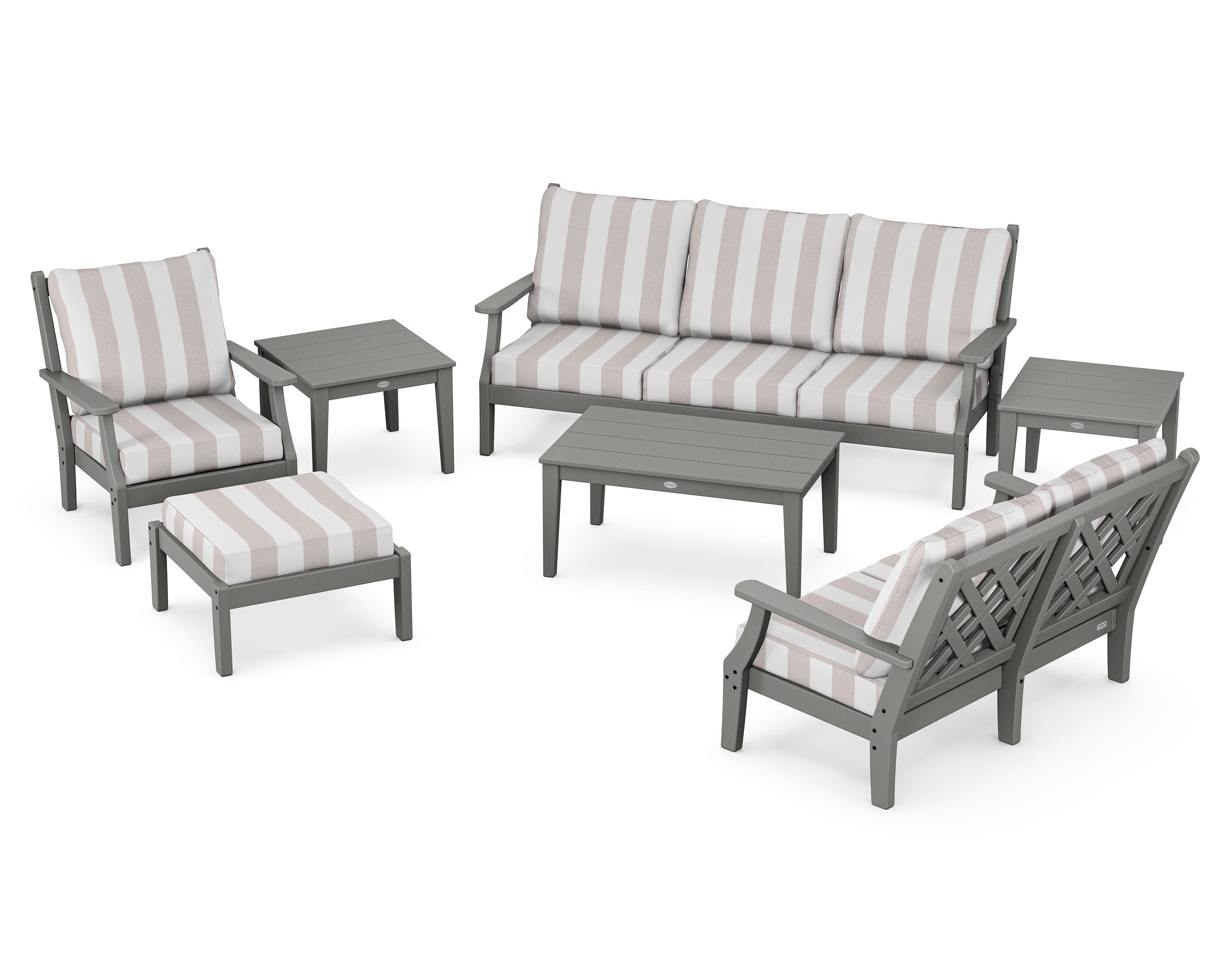 Country Living Wovendale 7-Piece Deep Seating Set in Slate Grey / Cabana Stripe Dune Burlap