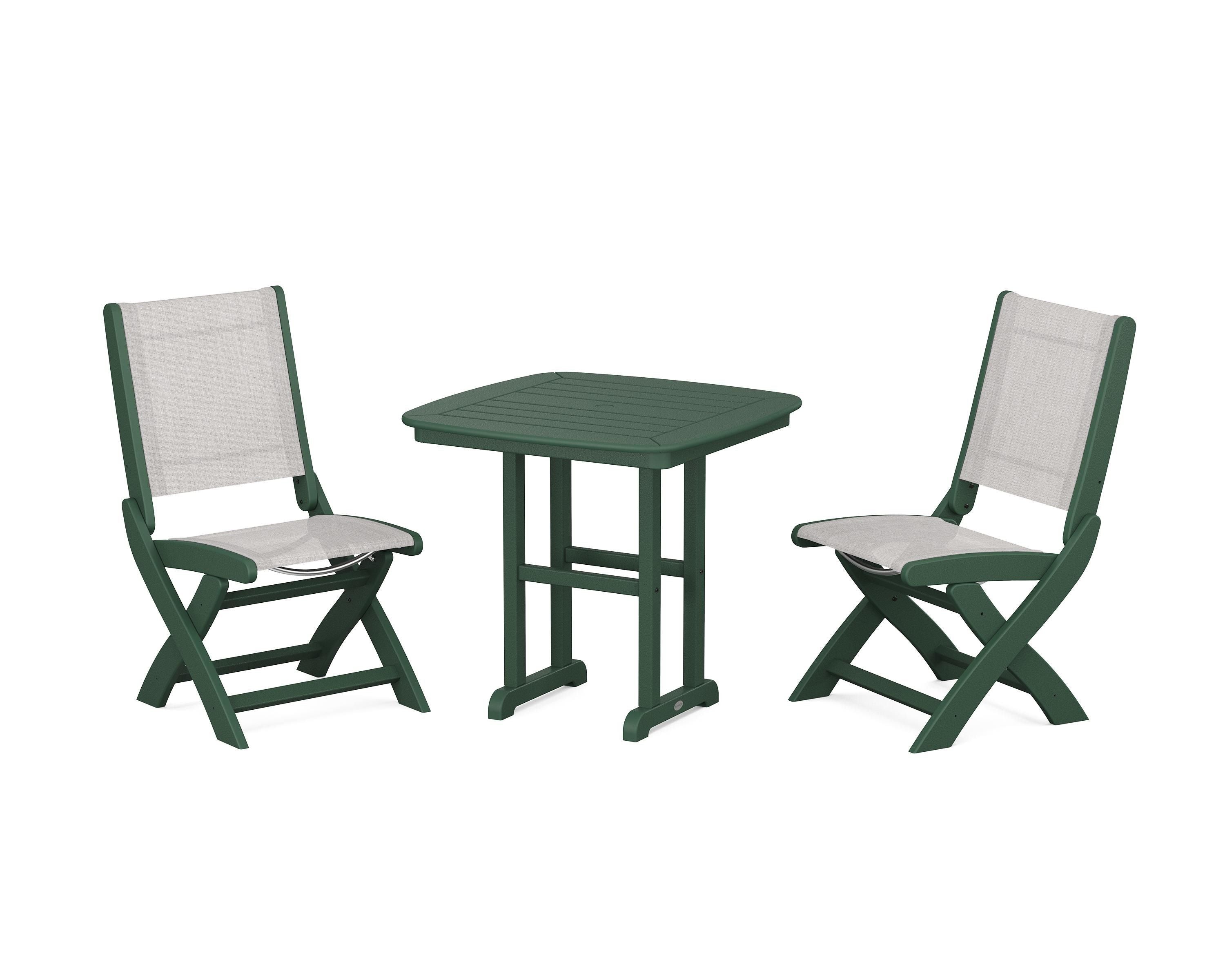 POLYWOOD® Coastal Folding Side Chair 3-Piece Dining Set in Green / Parchment Sling