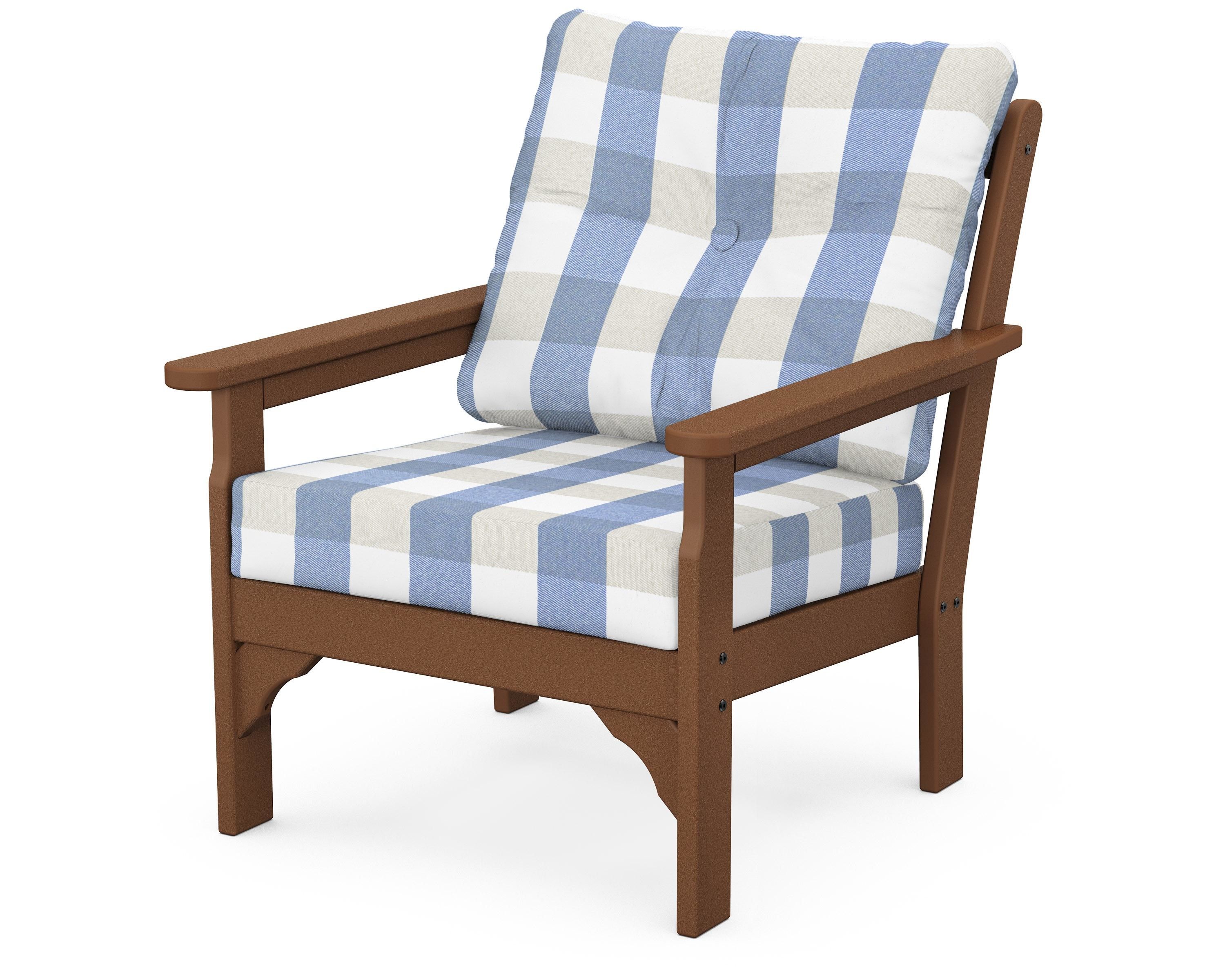 POLYWOOD® Vineyard Deep Seating Chair in Teak / Buffalo Plaid Sky Blue