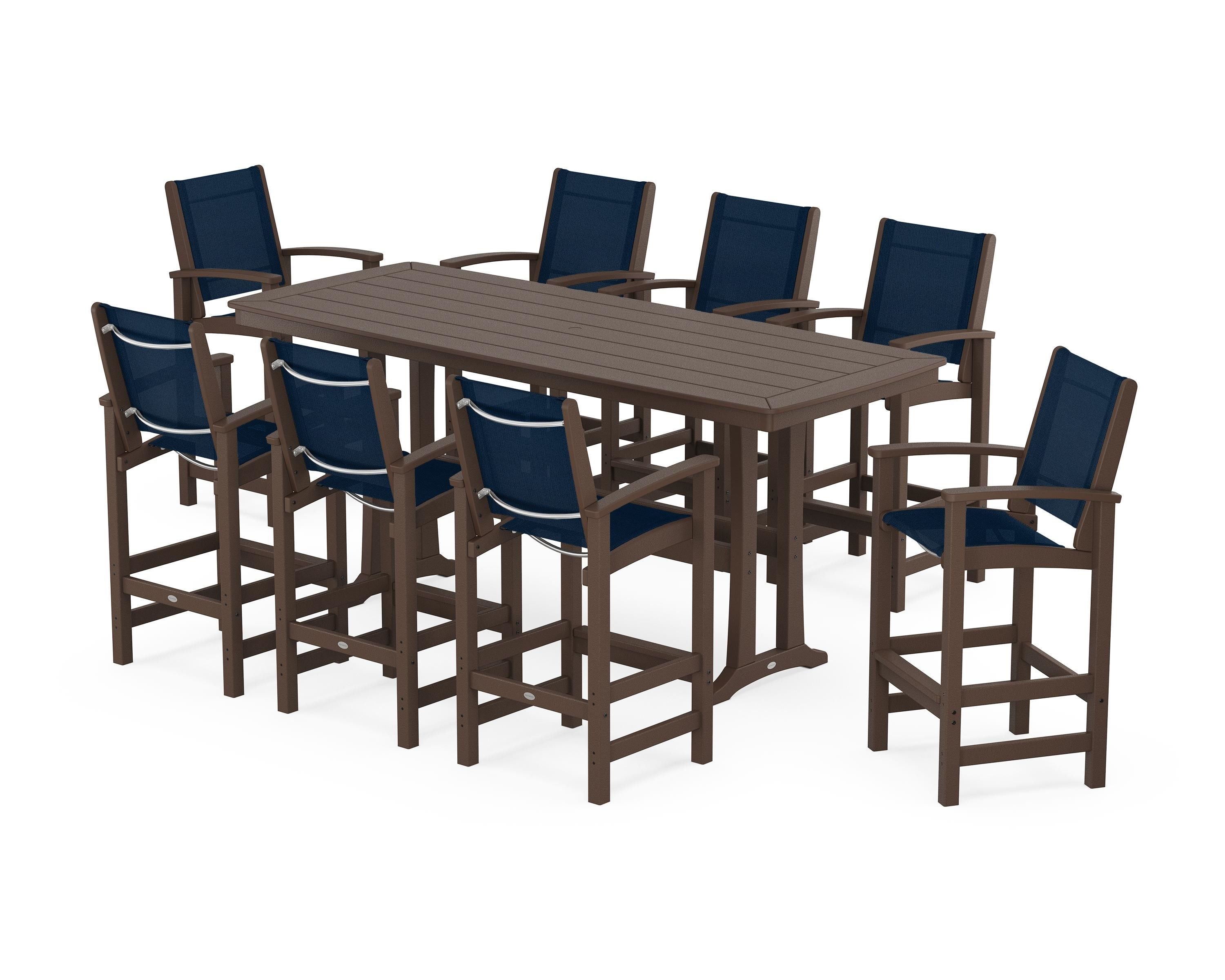 POLYWOOD® Coastal 9-Piece Bar Set with Trestle Legs in Mahogany / Navy Blue Sling