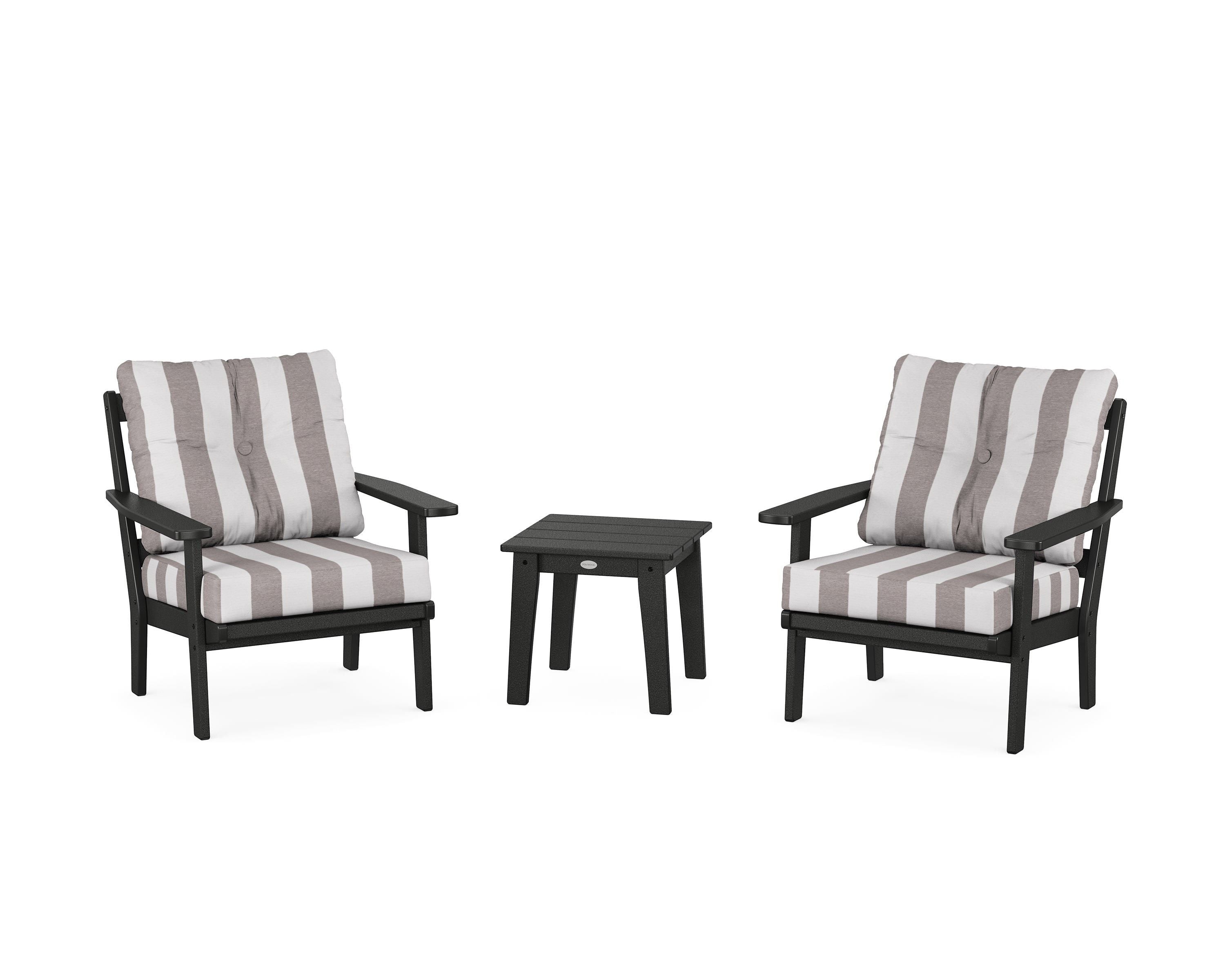 POLYWOOD® Oxford 3-Piece Deep Seating Set in Black / Cabana Stripe Grey Mist