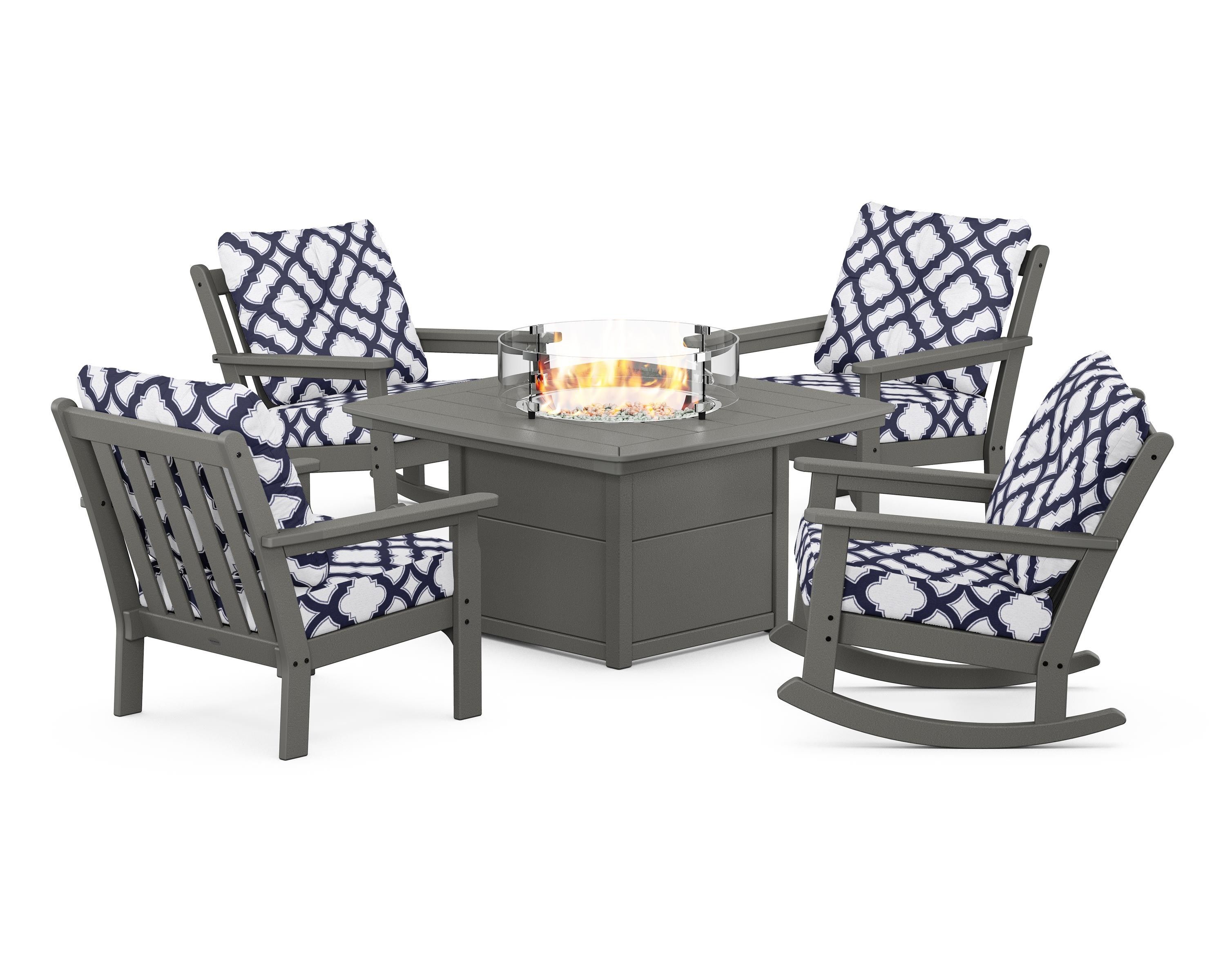 POLYWOOD® Vineyard 5-Piece Deep Seating Rocking Chair Conversation Set with Fire Pit Table in Slate Grey / Trellis Navy