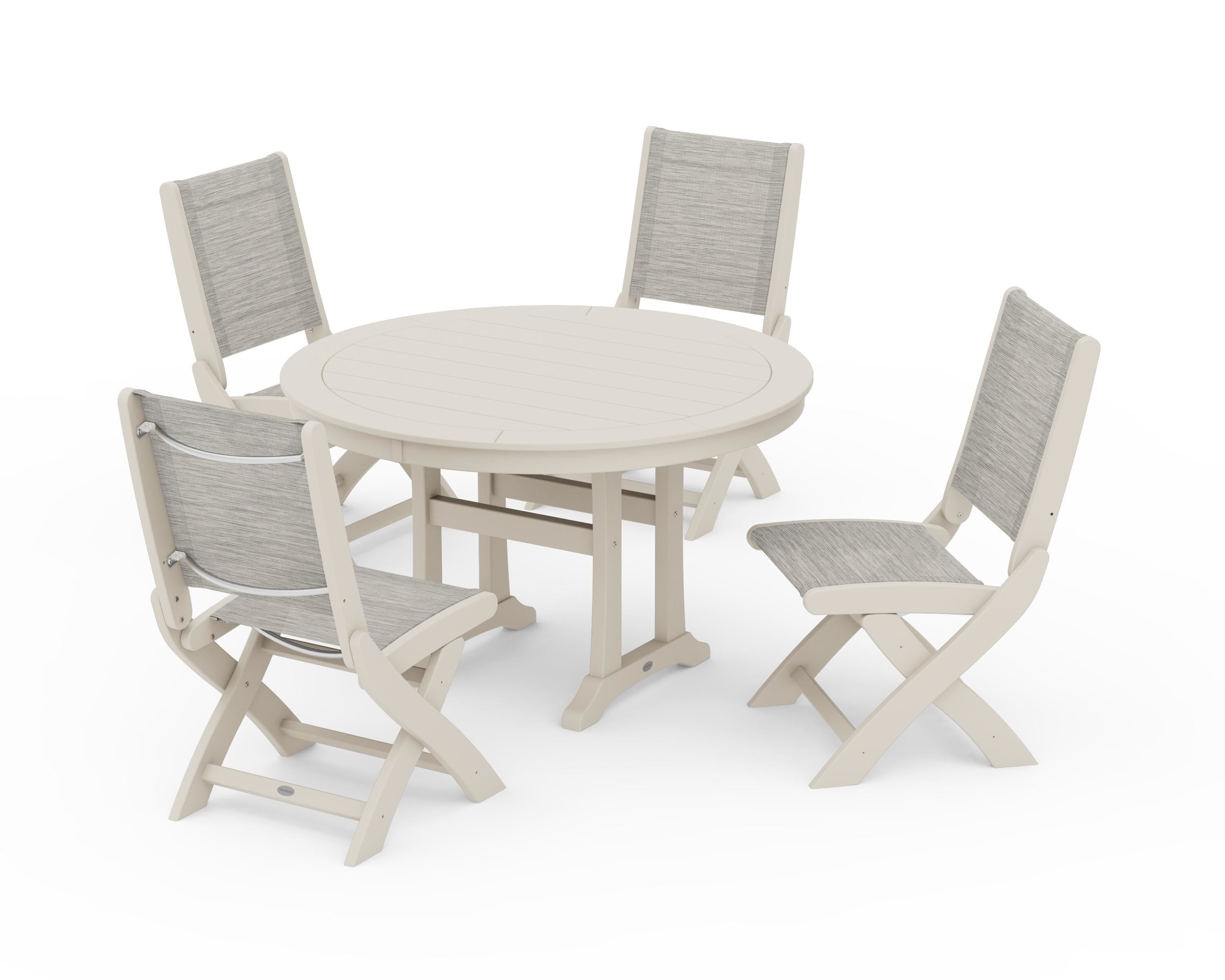 POLYWOOD® Coastal Folding Side Chair 5-Piece Round Dining Set With Trestle Legs in Sand / Birch Sling