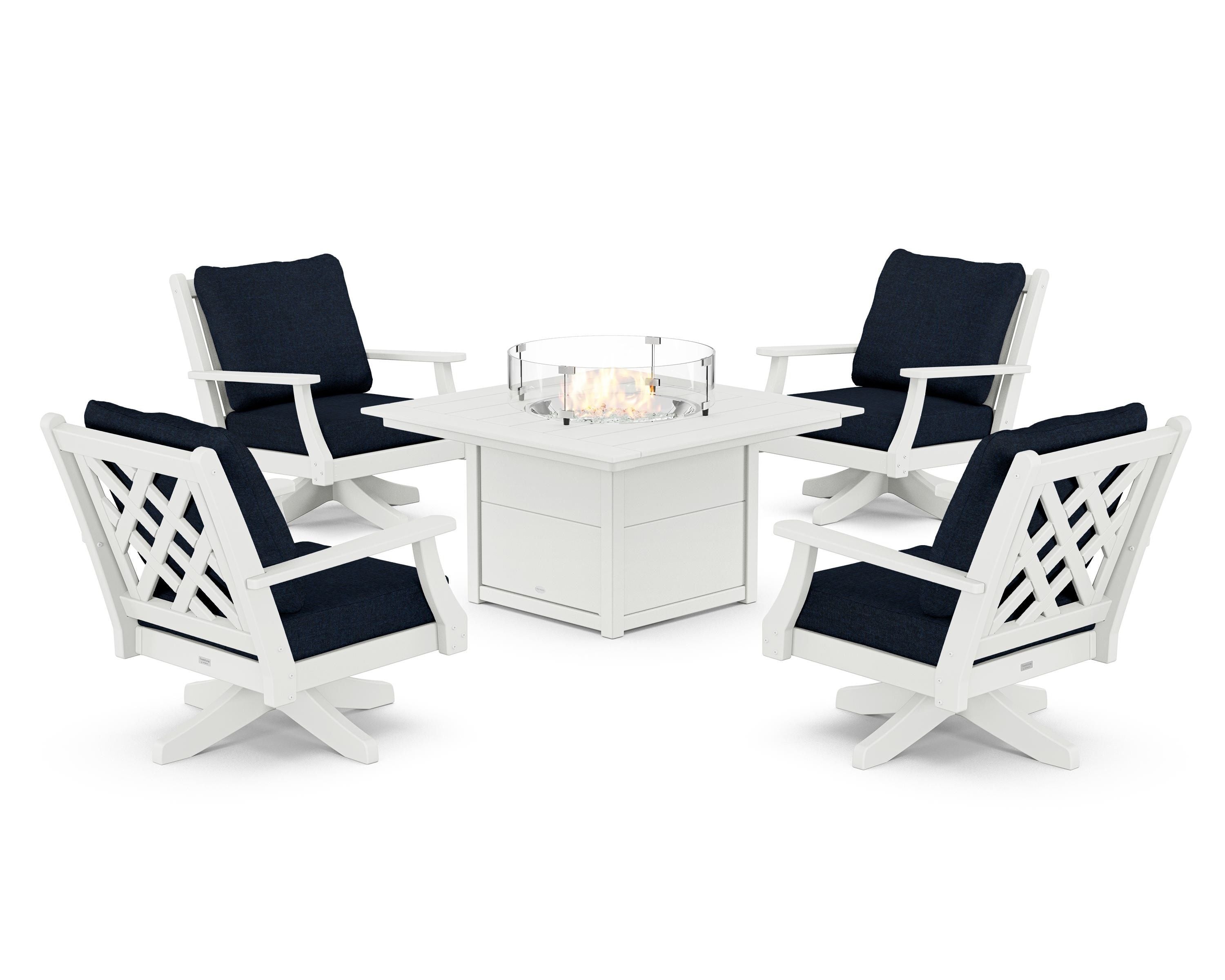 Country Living Wovendale 5-Piece Deep Seating Swivel Conversation Set with Fire Pit Table in White / Marine Indigo