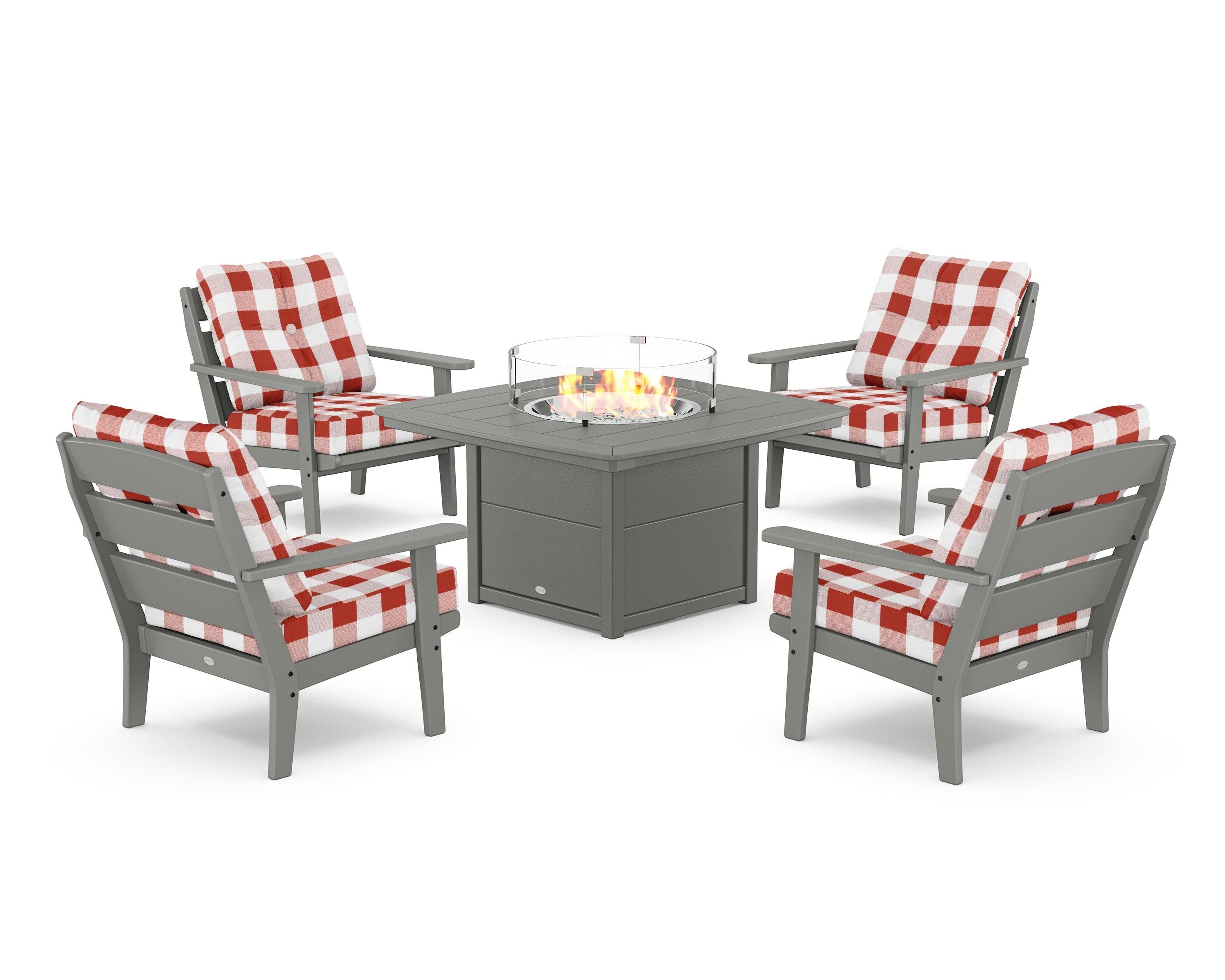 POLYWOOD® Lakeside 5-Piece Deep Seating Set with Nautical Fire Pit Table in Slate Grey / Buffalo Plaid Crimson