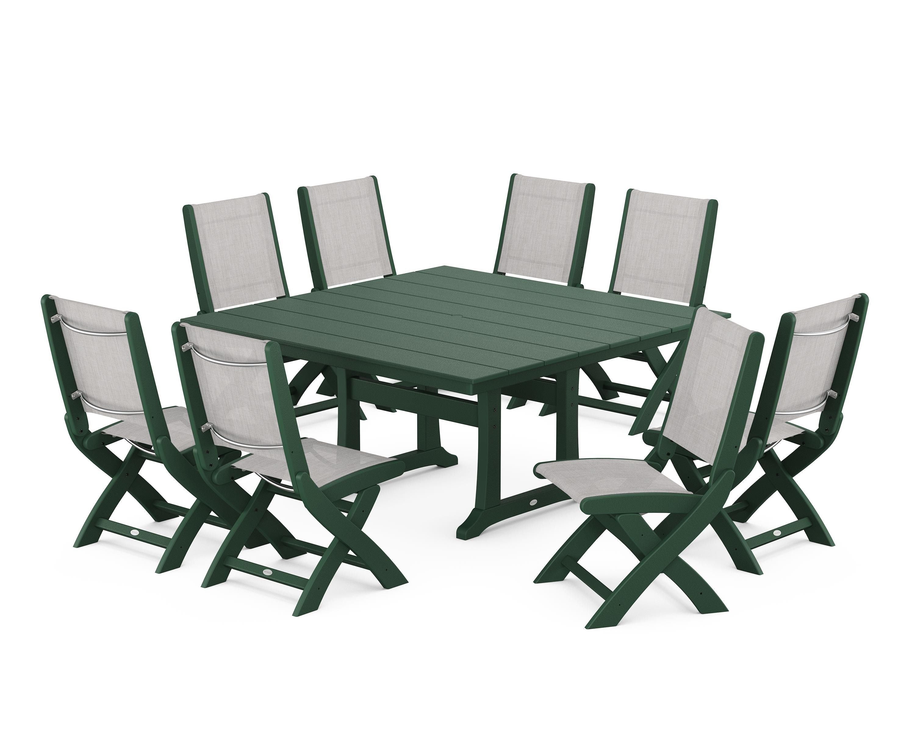 POLYWOOD® Coastal Folding Side Chair 9-Piece Farmhouse Dining Set in Green / Parchment Sling