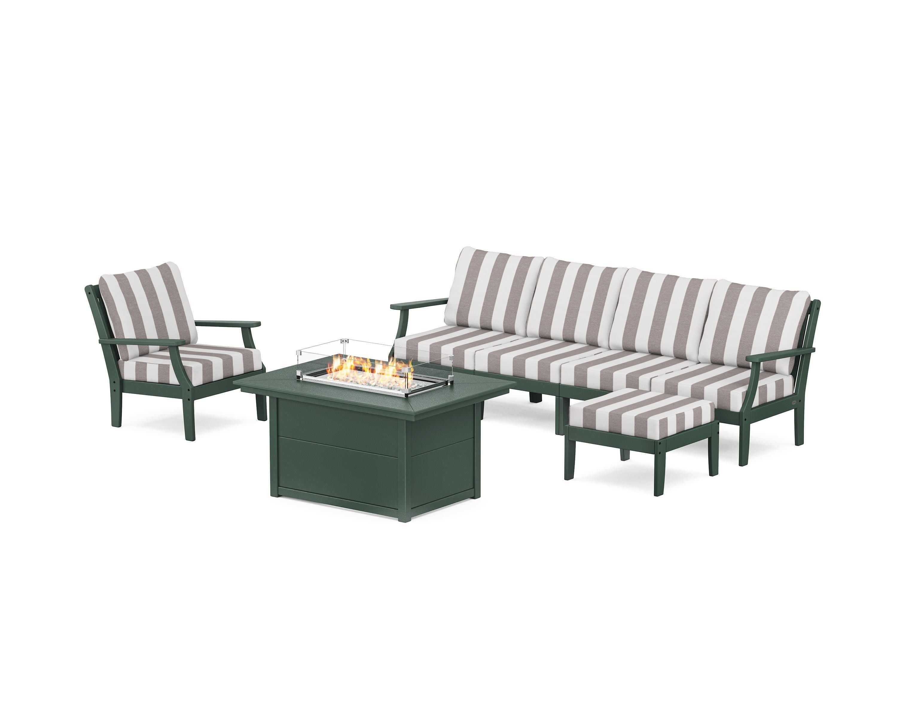 POLYWOOD® Braxton Sectional Lounge and Fire Pit Set in Green / Cabana Stripe Grey Mist