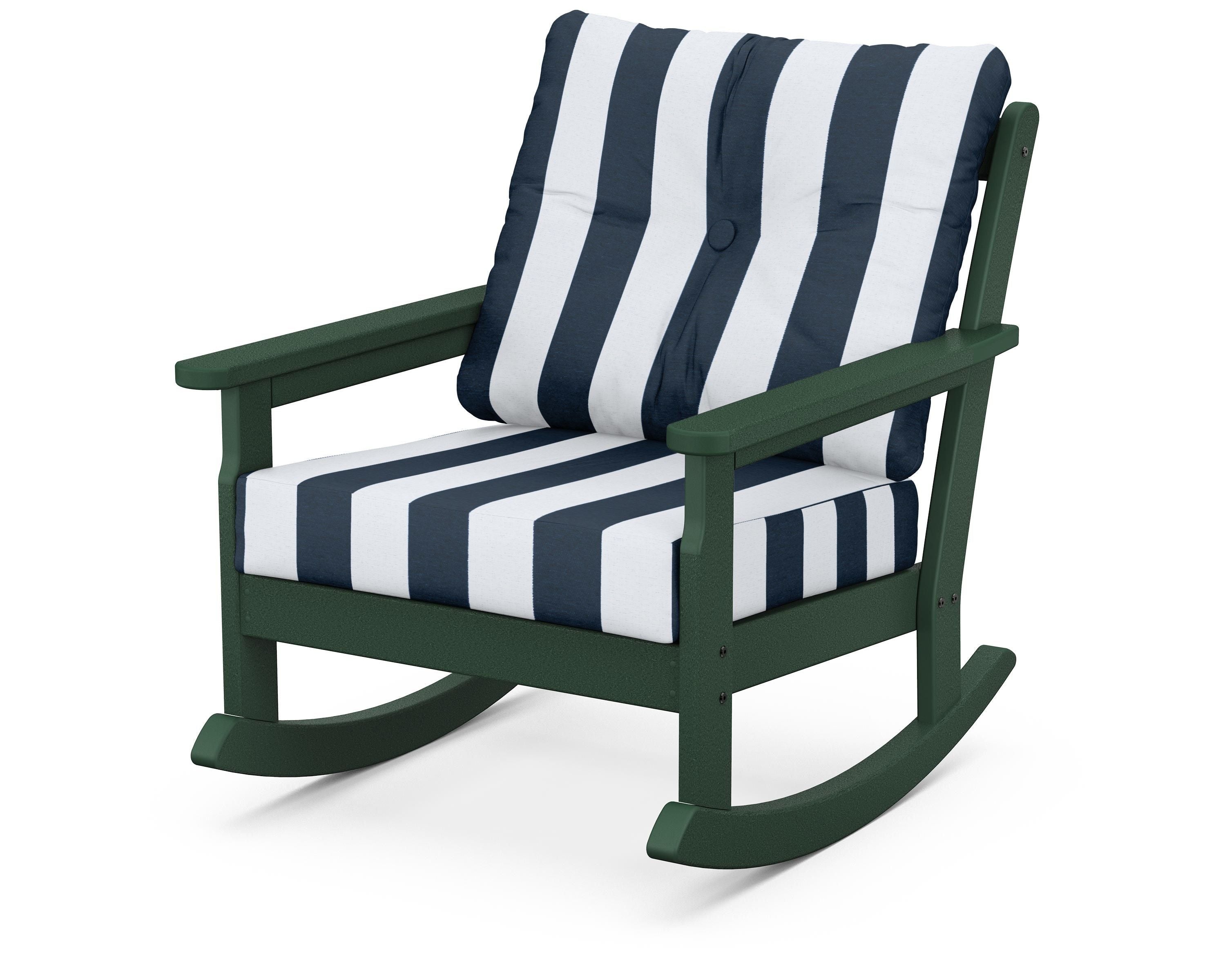 POLYWOOD® Vineyard Deep Seating Rocking Chair in Green / Cabana Stripe Marine Indigo