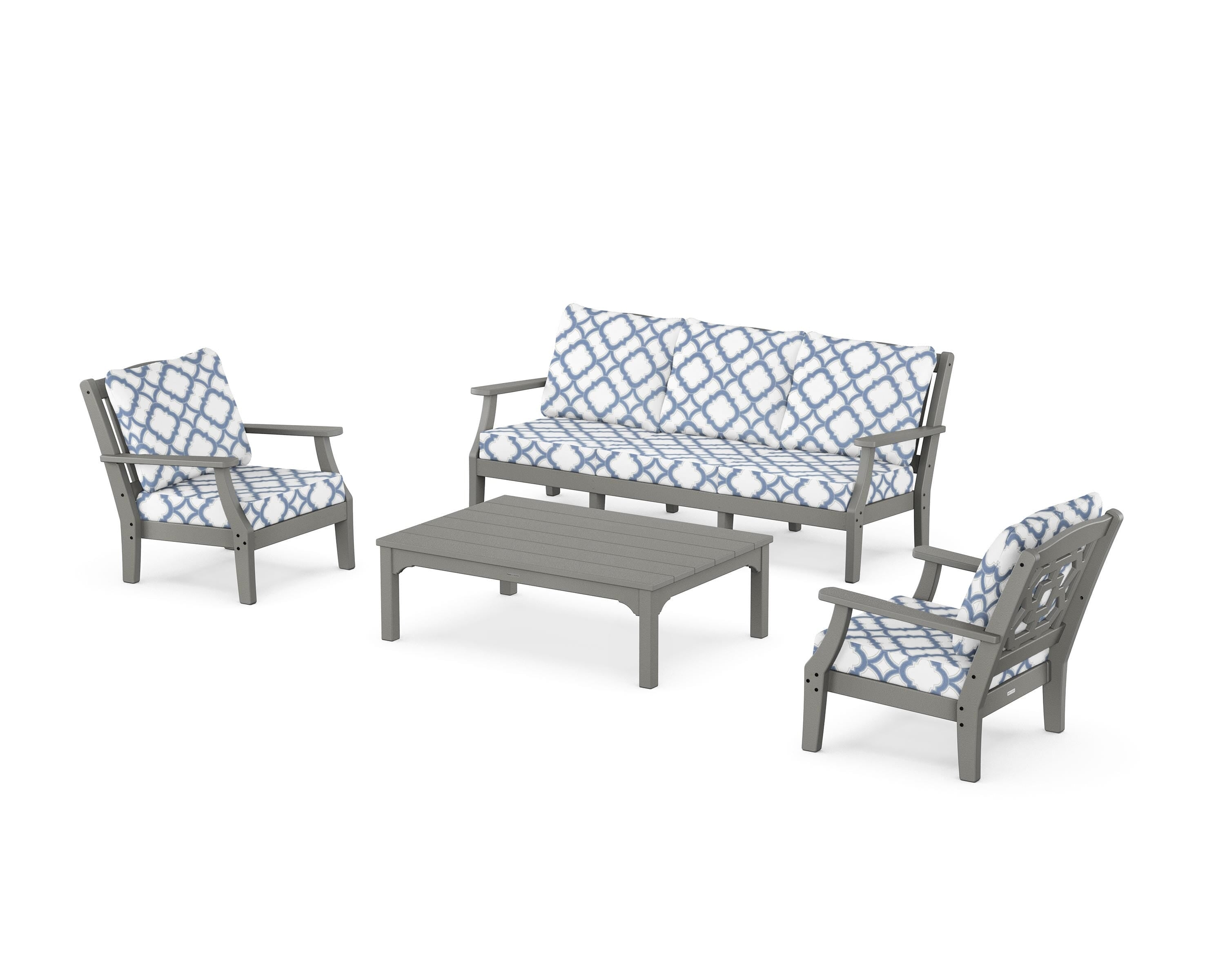 Martha Stewart by POLYWOOD® Chinoiserie 4-Piece Deep Seating Set with Sofa in Slate Grey / Trellis Sky Blue