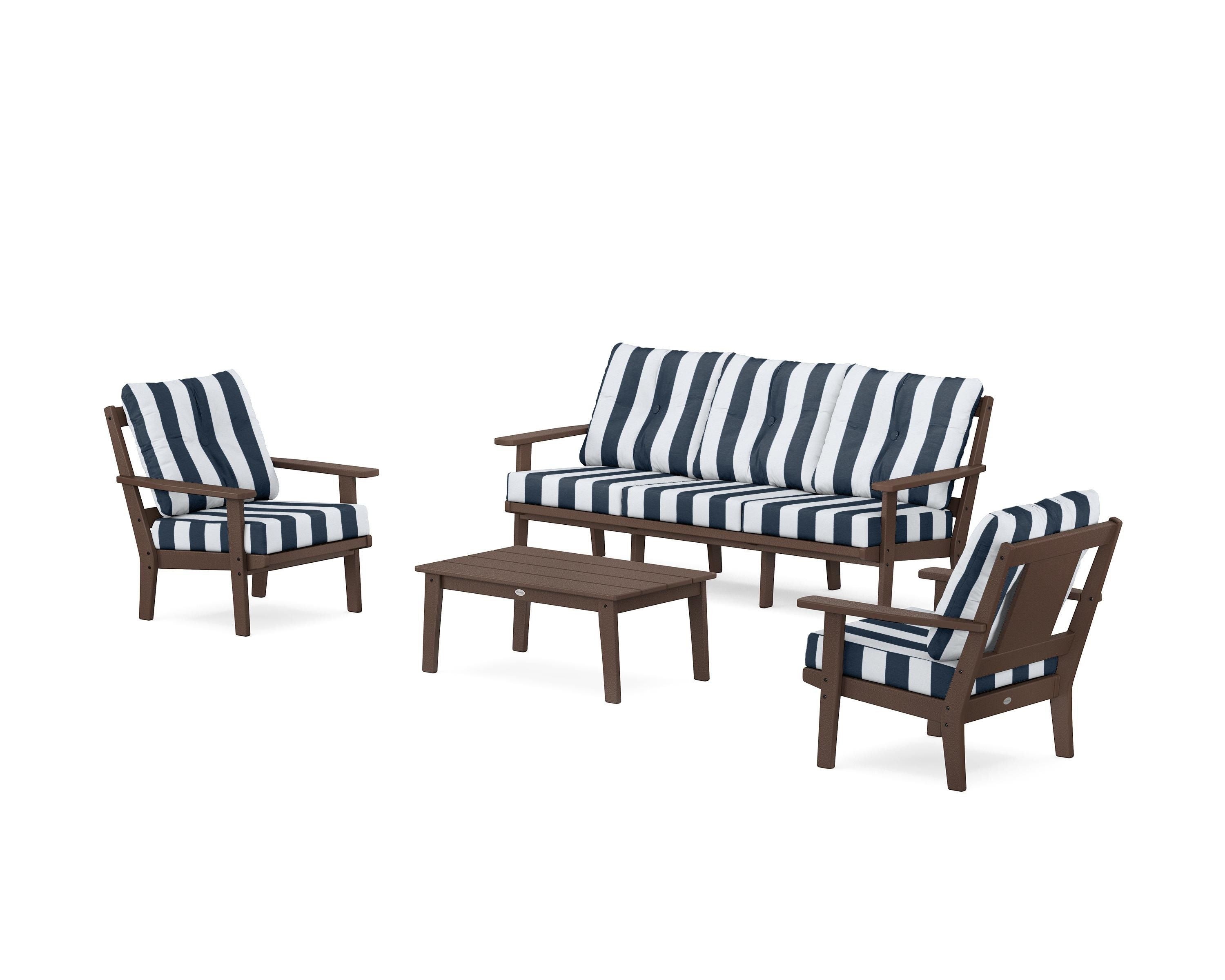 POLYWOOD® Prairie 4-Piece Deep Seating Set with Sofa in Mahogany / Cabana Stripe Marine Indigo
