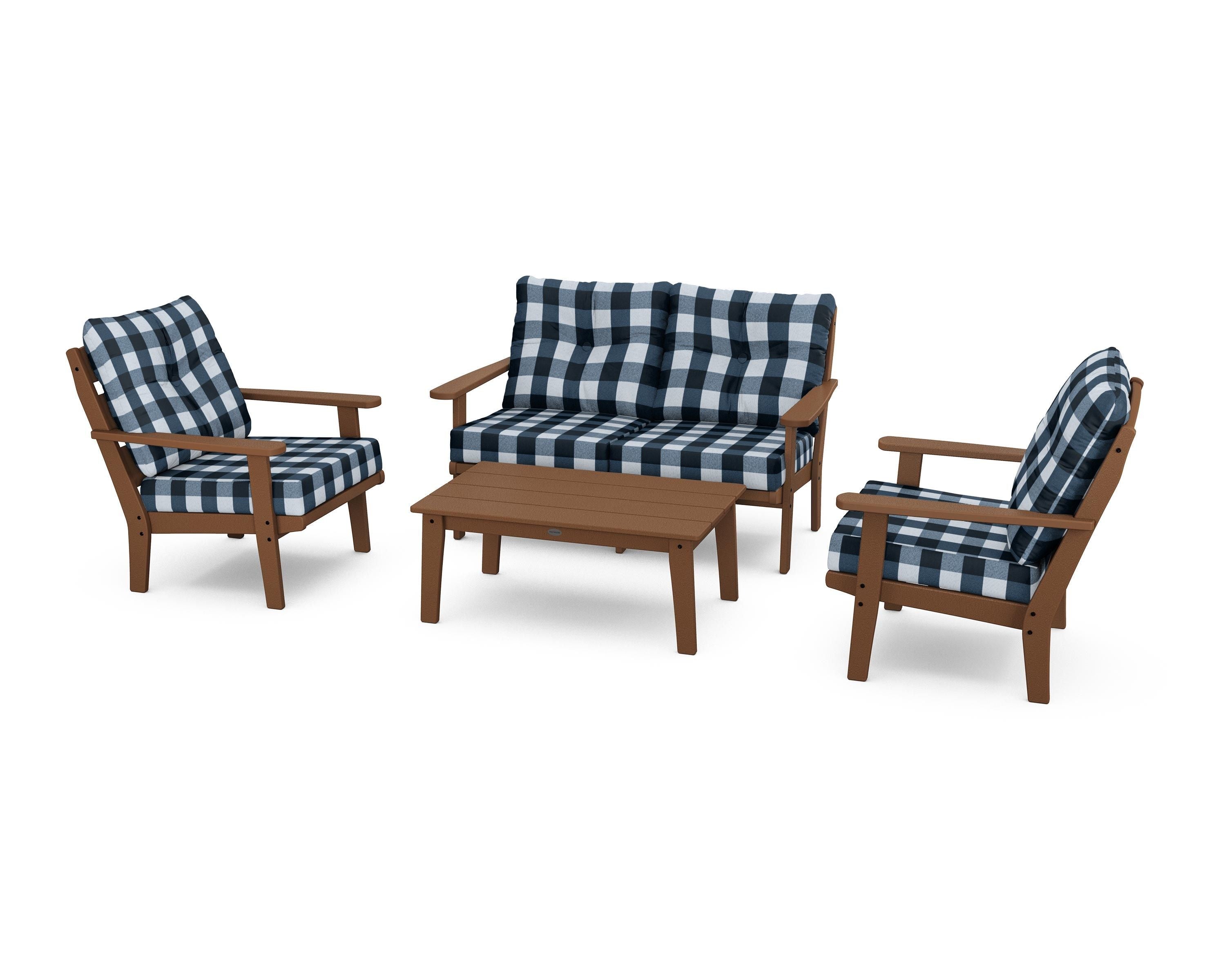 POLYWOOD® Lakeside 4-Piece Deep Seating Set in Teak / Buffalo Plaid Marine Indigo