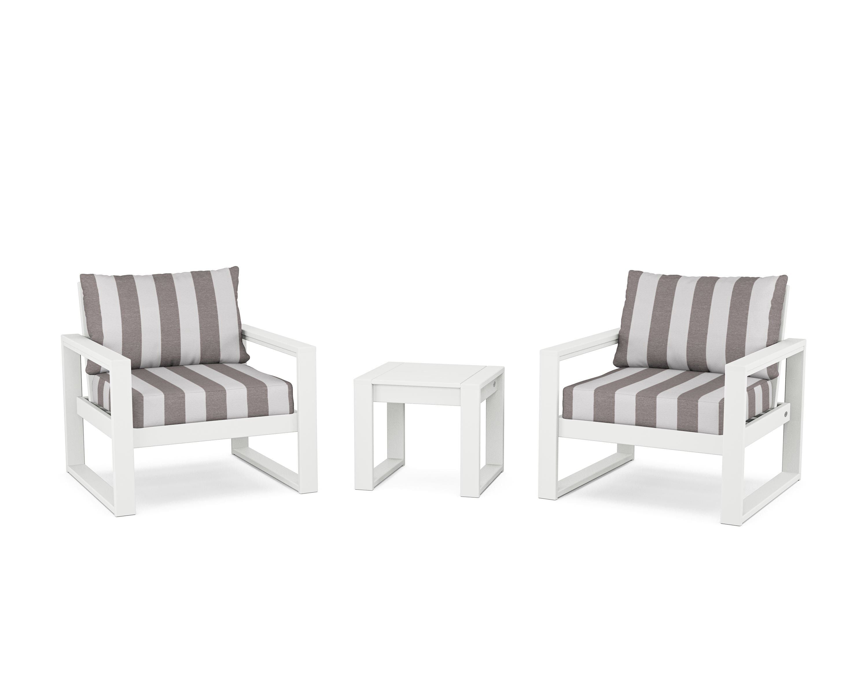 POLYWOOD® EDGE Sectional 3-Piece Deep Seating Set in White / Cabana Stripe Grey Mist